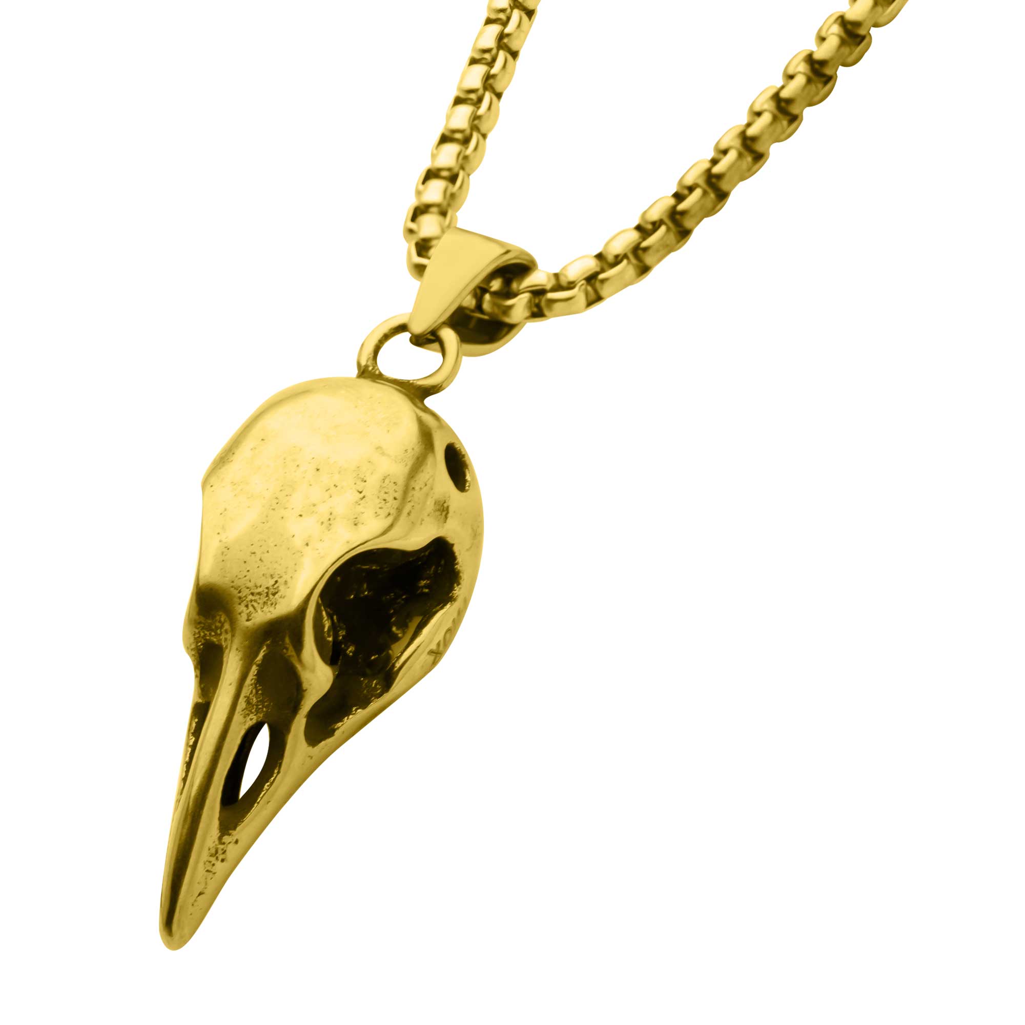 Distressed Matte 18Kt Gold IP Crow Skull Pendant with Chain Image 2 Carroll / Ochs Jewelers Monroe, MI
