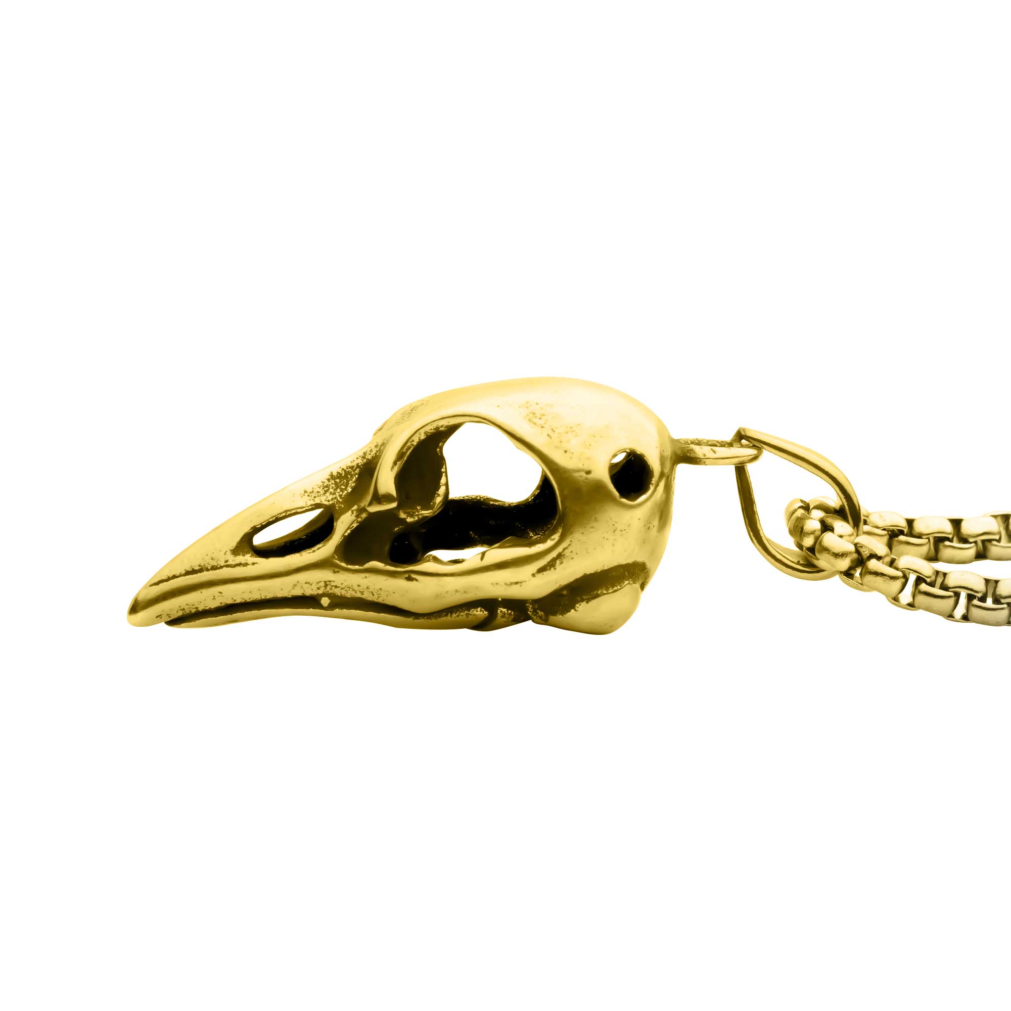 Distressed Matte 18Kt Gold IP Crow Skull Pendant with Chain Image 3 Ken Walker Jewelers Gig Harbor, WA