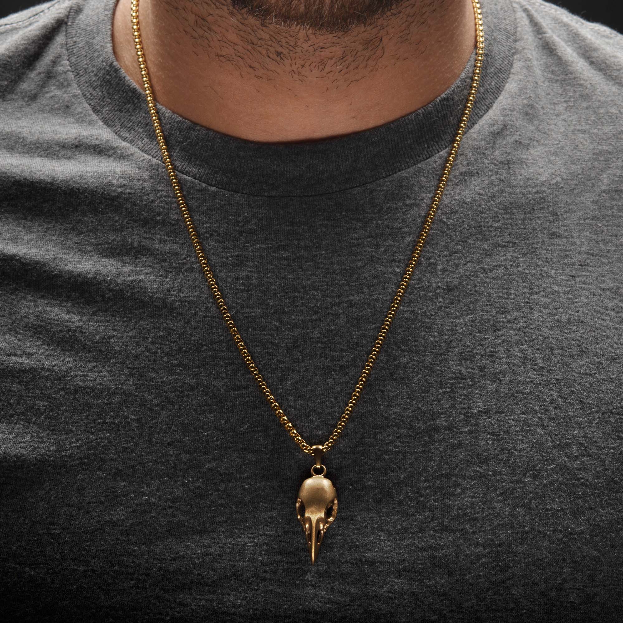 Distressed Matte 18Kt Gold IP Crow Skull Pendant with Chain Image 4 Carroll / Ochs Jewelers Monroe, MI