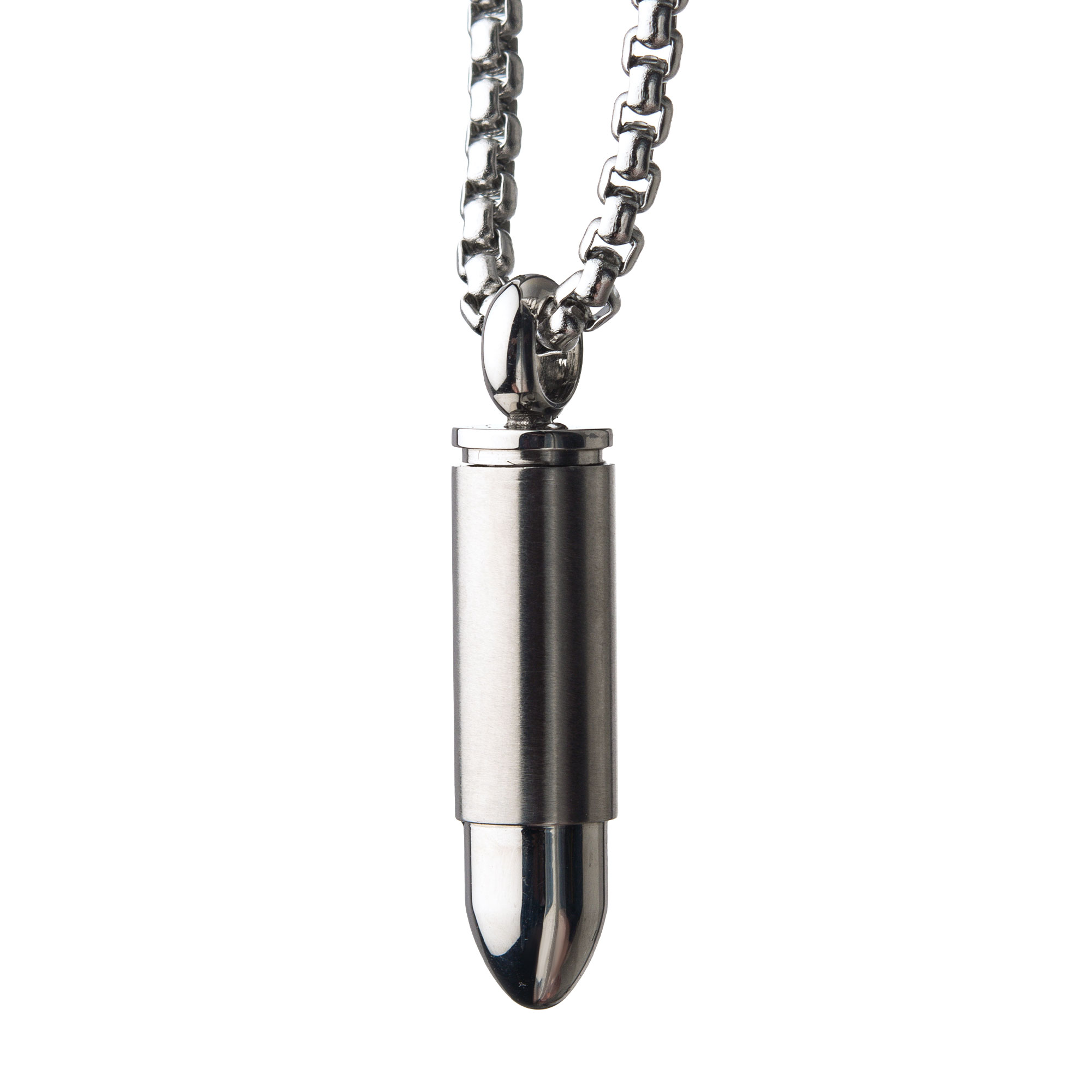 Stainless Steel Memorial Bullet Pendant with Steel Box Chain Image 3 Midtown Diamonds Reno, NV
