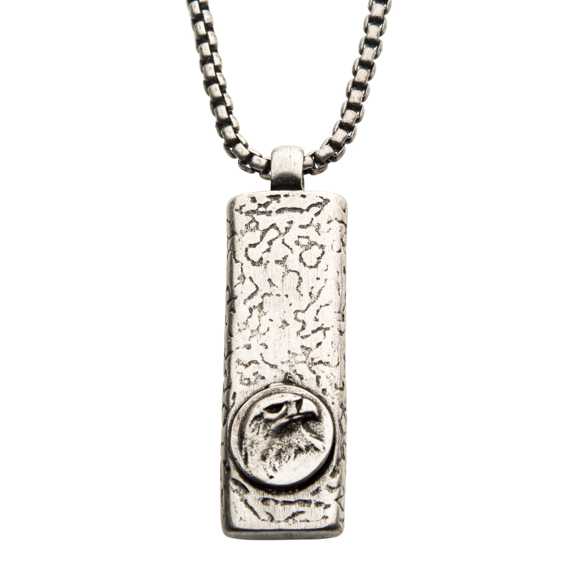 Stainless Steel Silver Plated Dog Tag Pendant with Eagle Head Inlay, with Steel Box Chain Midtown Diamonds Reno, NV
