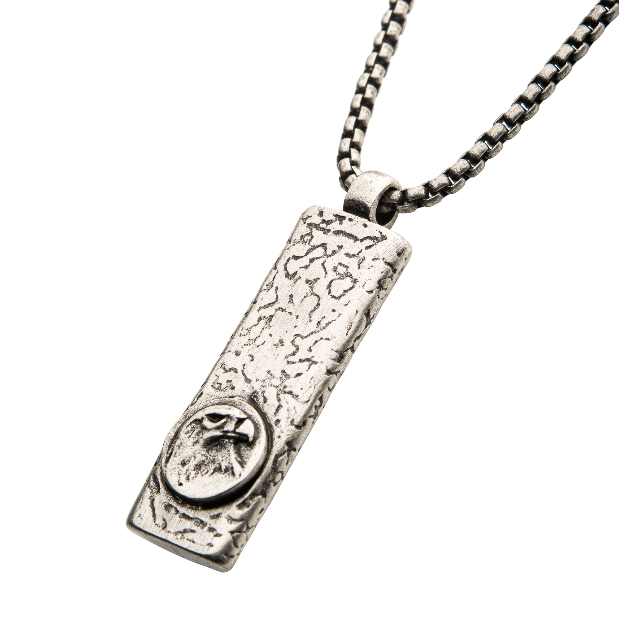 Stainless Steel Silver Plated Dog Tag Pendant with Eagle Head Inlay, with Steel Box Chain Image 2 Enchanted Jewelry Plainfield, CT