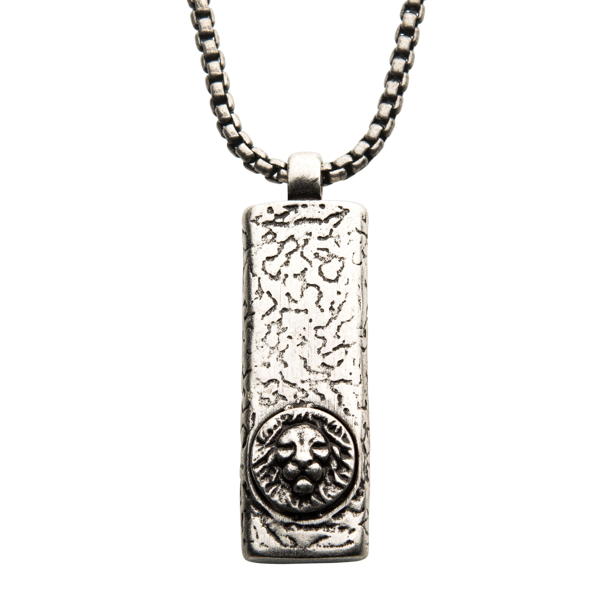 Stainless Steel Silver Plated Dog Tag Pendant with Lion Head Inlay, with Steel Box Chain Midtown Diamonds Reno, NV