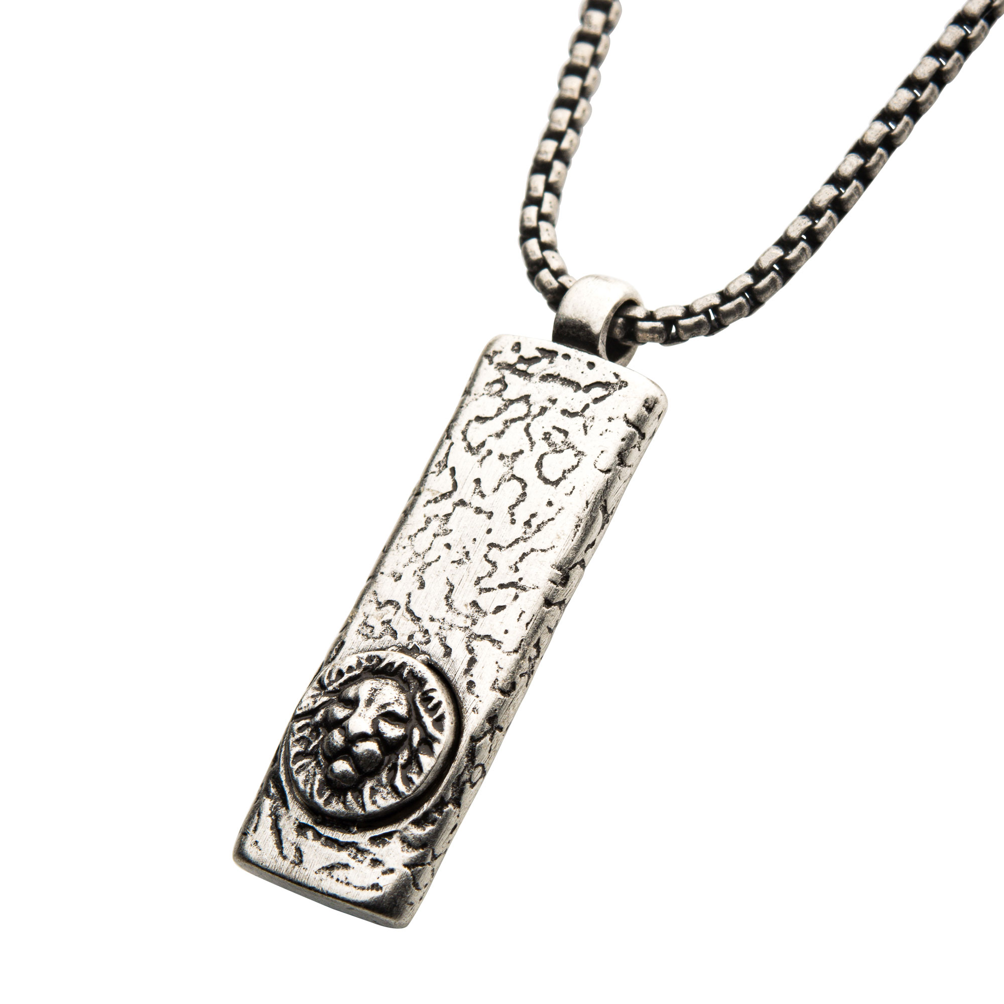 Stainless Steel Silver Plated Dog Tag Pendant with Lion Head Inlay, with Steel Box Chain Image 2 Midtown Diamonds Reno, NV