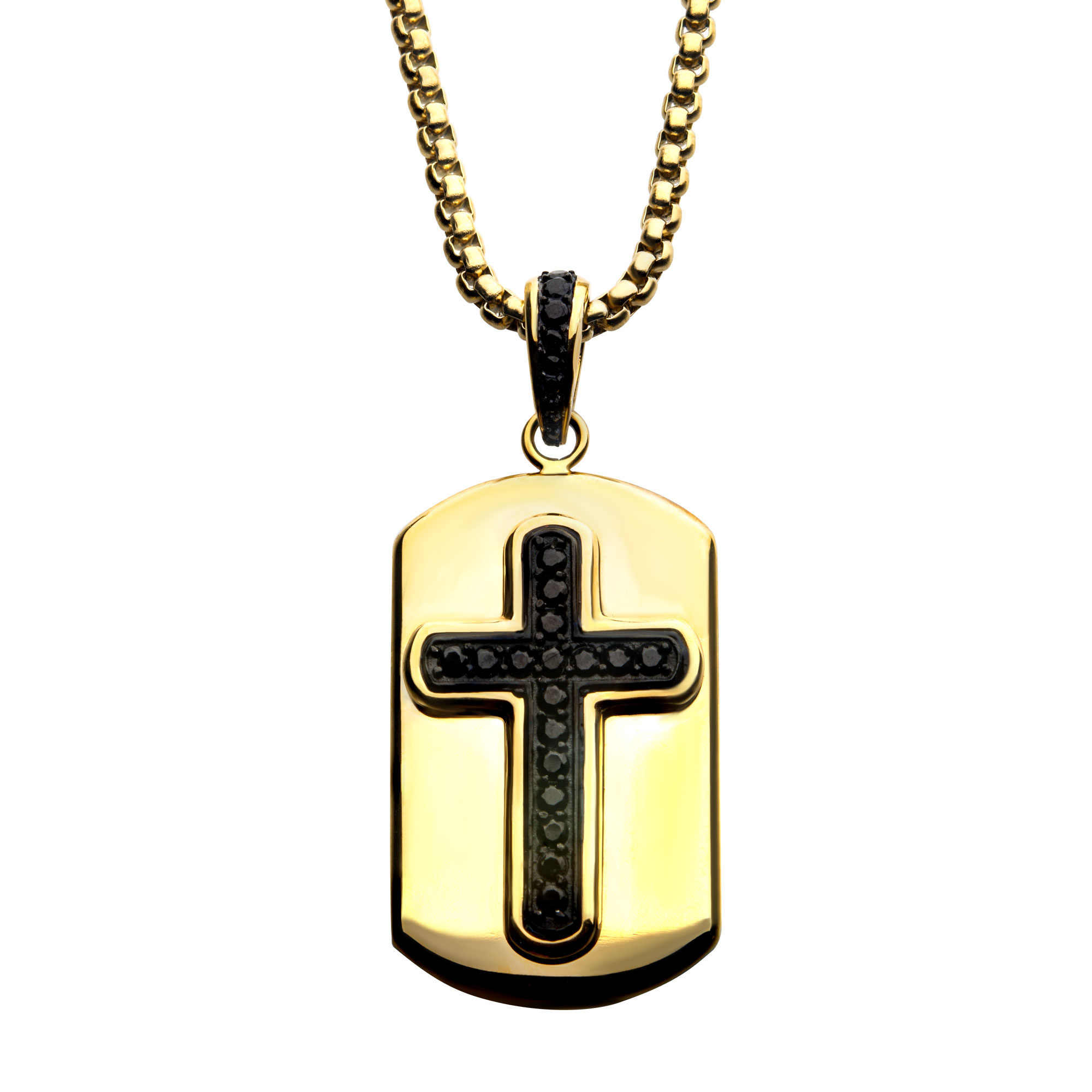 Black Plated Cross with Black CZ Inlay and 18K Gold Plated Dog Tag Pendant, with Steel Box Chain Milano Jewelers Pembroke Pines, FL