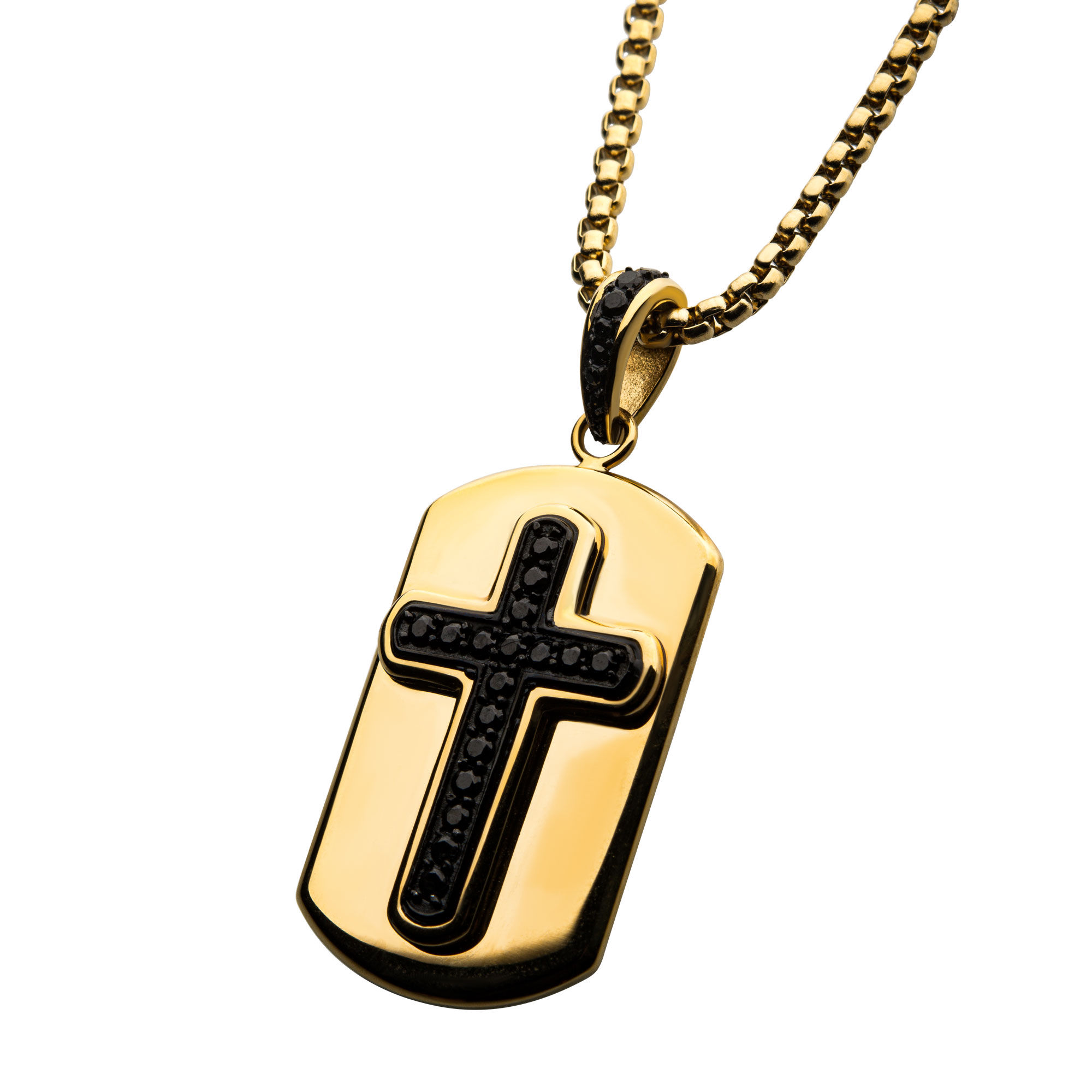 Black Plated Cross with Black CZ Inlay and 18K Gold Plated Dog Tag Pendant, with Steel Box Chain Image 2 Ken Walker Jewelers Gig Harbor, WA