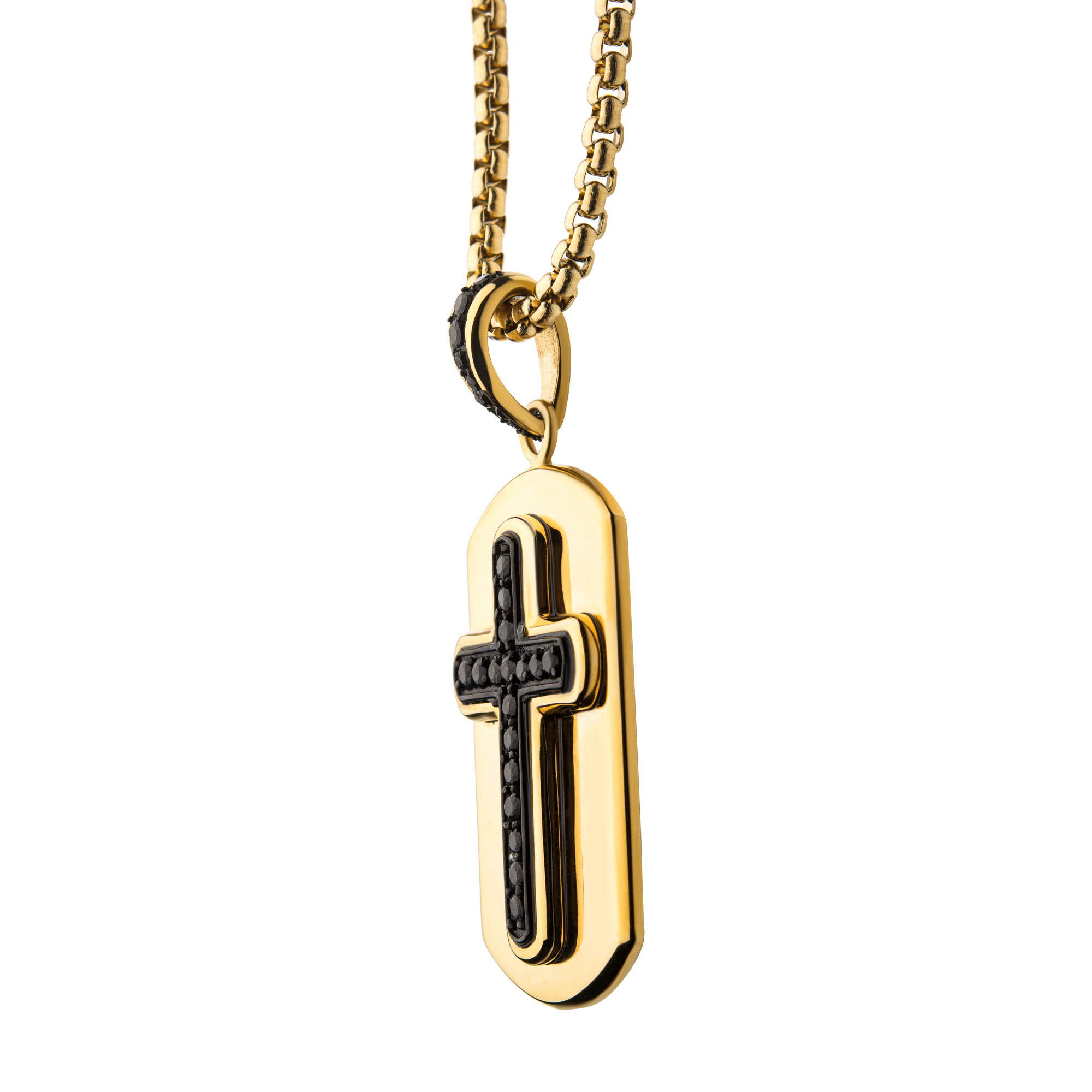 Black Plated Cross with Black CZ Inlay and 18K Gold Plated Dog Tag Pendant, with Steel Box Chain Image 3 Milano Jewelers Pembroke Pines, FL