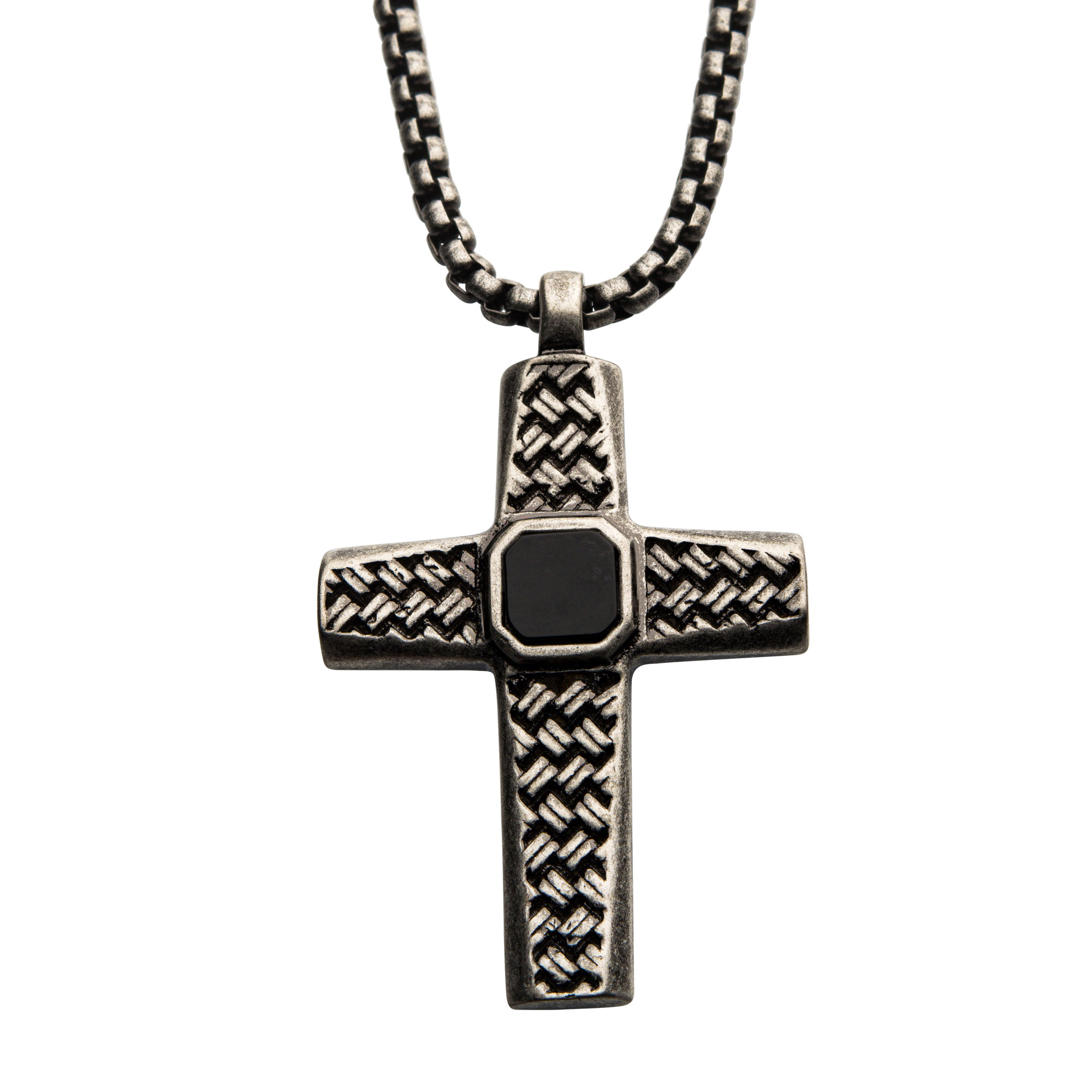 Stainless Steel Silver Plated Cross Pendant with Black Agate Stone, with Steel Box Chain Midtown Diamonds Reno, NV