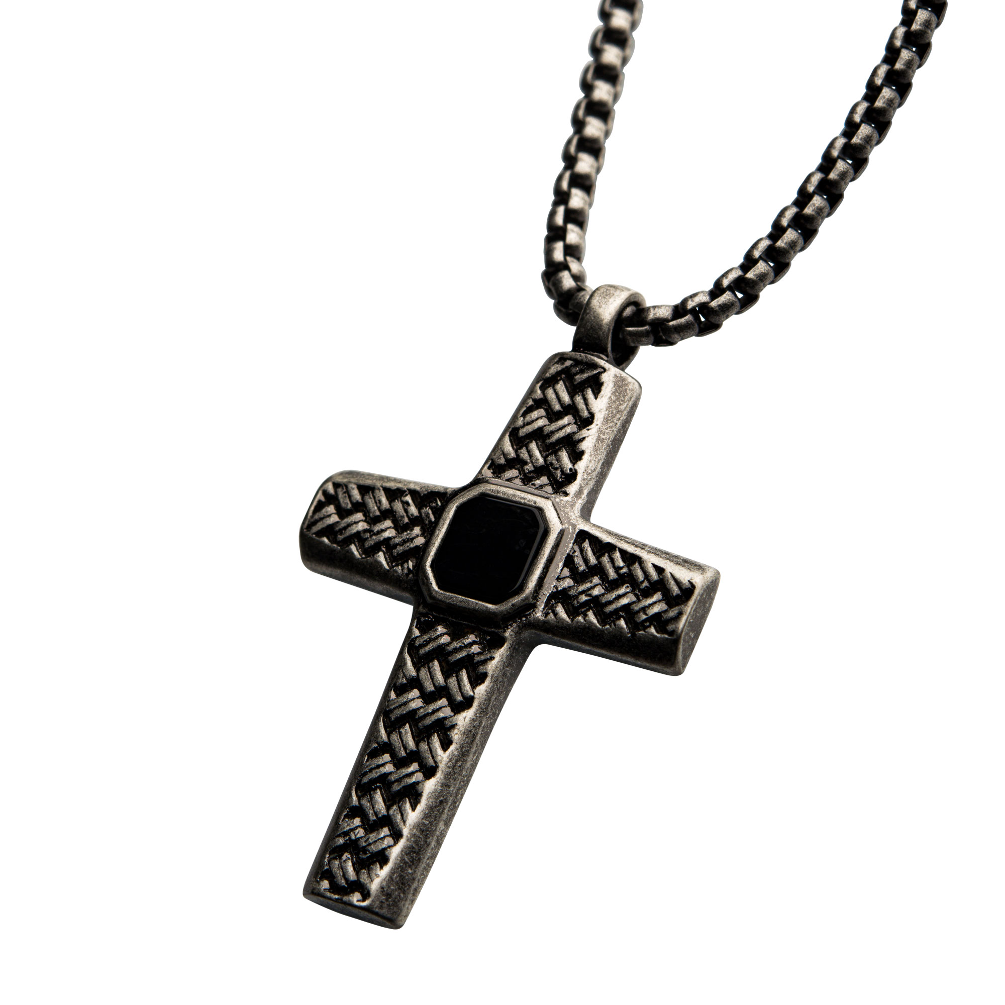 Stainless Steel Silver Plated Cross Pendant with Black Agate Stone, with Steel Box Chain Image 2 Milano Jewelers Pembroke Pines, FL