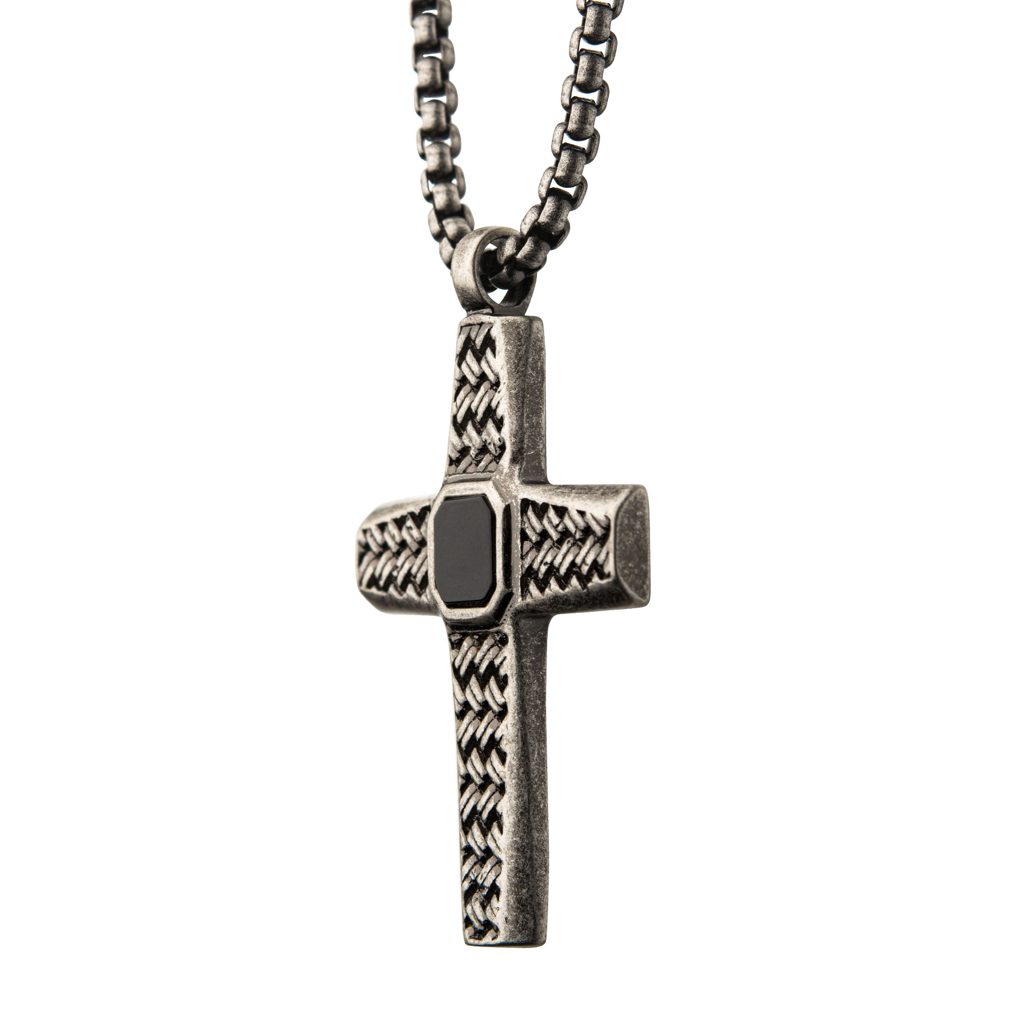 Stainless Steel Silver Plated Cross Pendant with Black Agate Stone, with Steel Box Chain Image 3 Ken Walker Jewelers Gig Harbor, WA