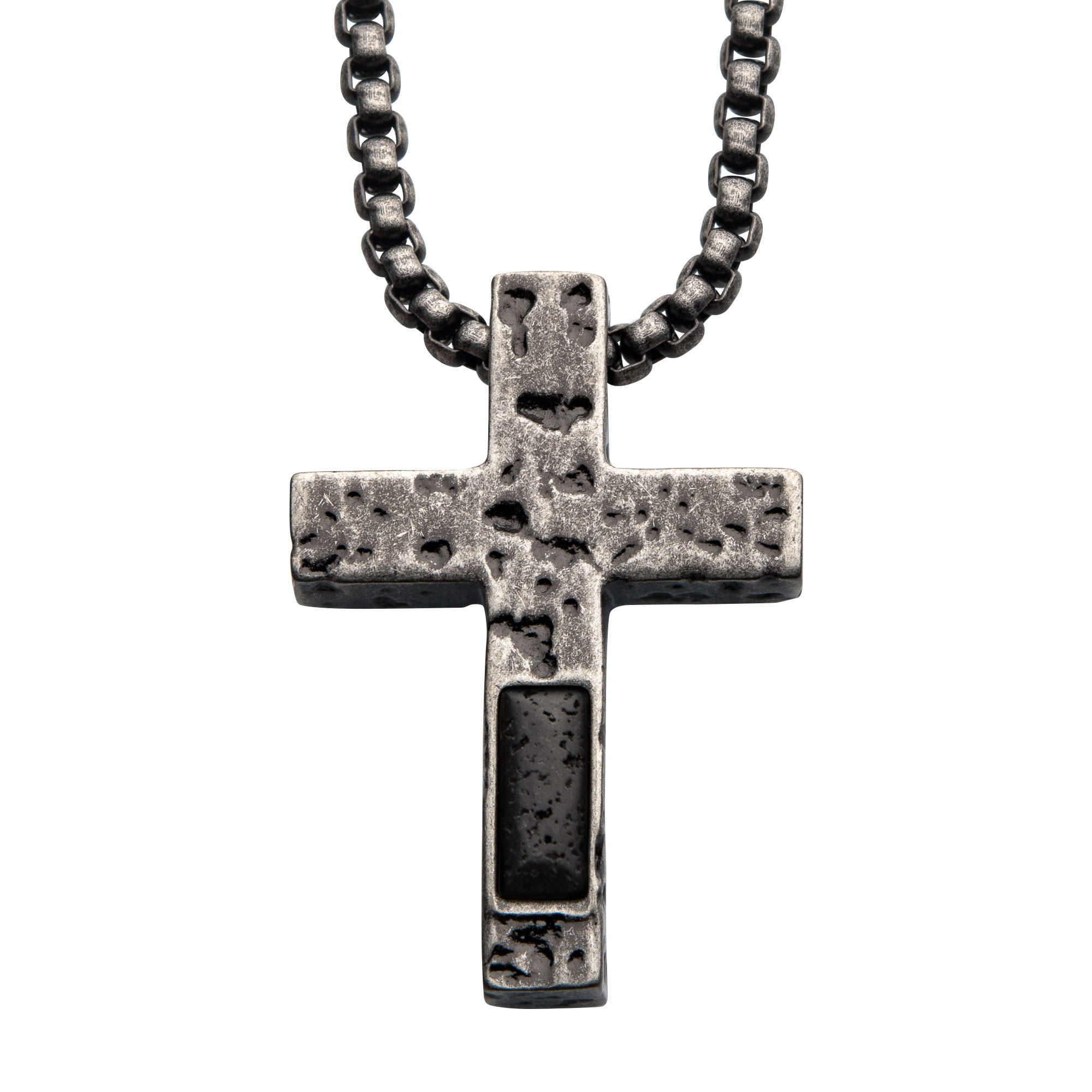 Stainless Steel Silver Plated Cross Pendant with Lava Stone Pendant, with Steel Box Chain P.K. Bennett Jewelers Mundelein, IL