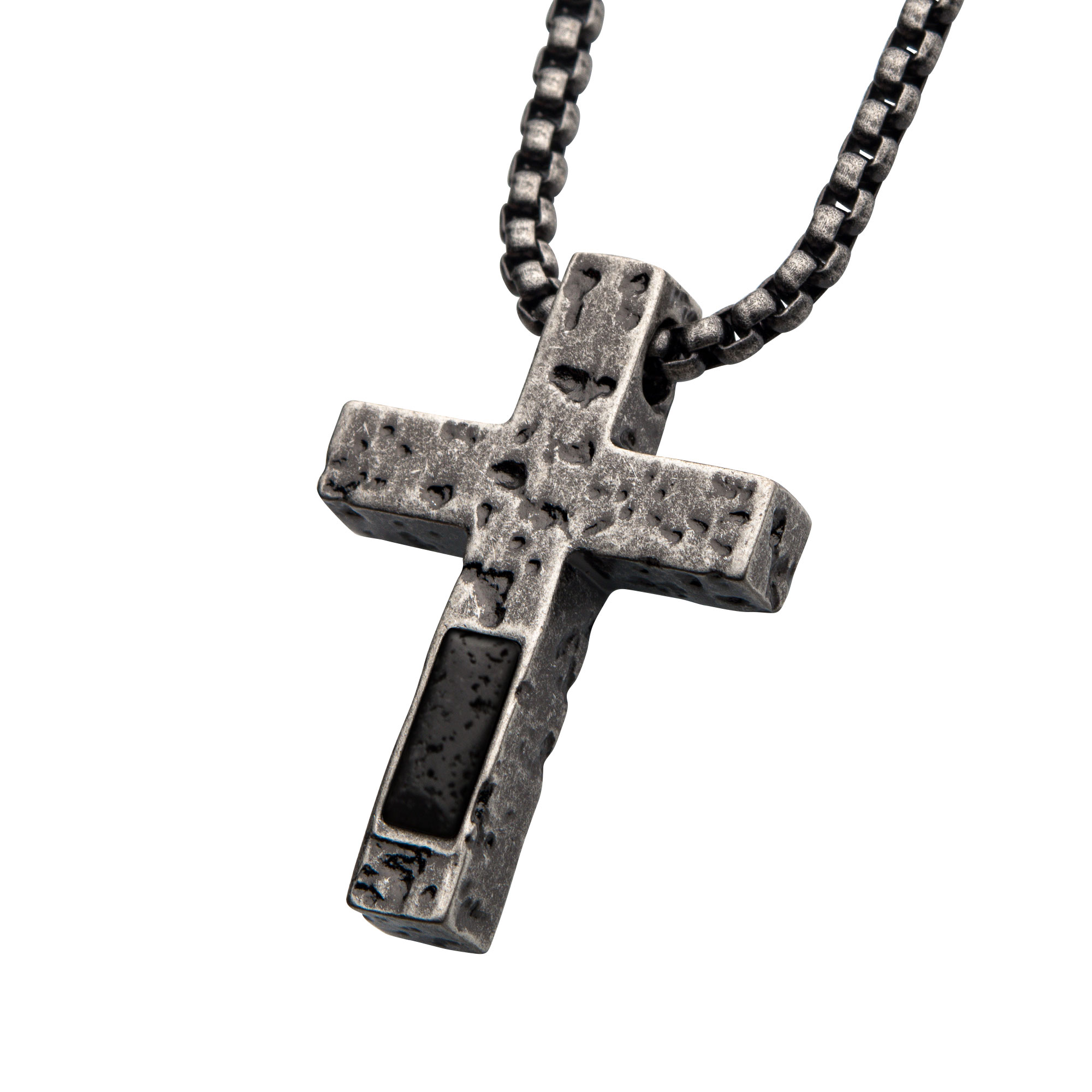 Stainless Steel Silver Plated Cross Pendant with Lava Stone Pendant, with Steel Box Chain Image 2 Thurber's Fine Jewelry Wadsworth, OH