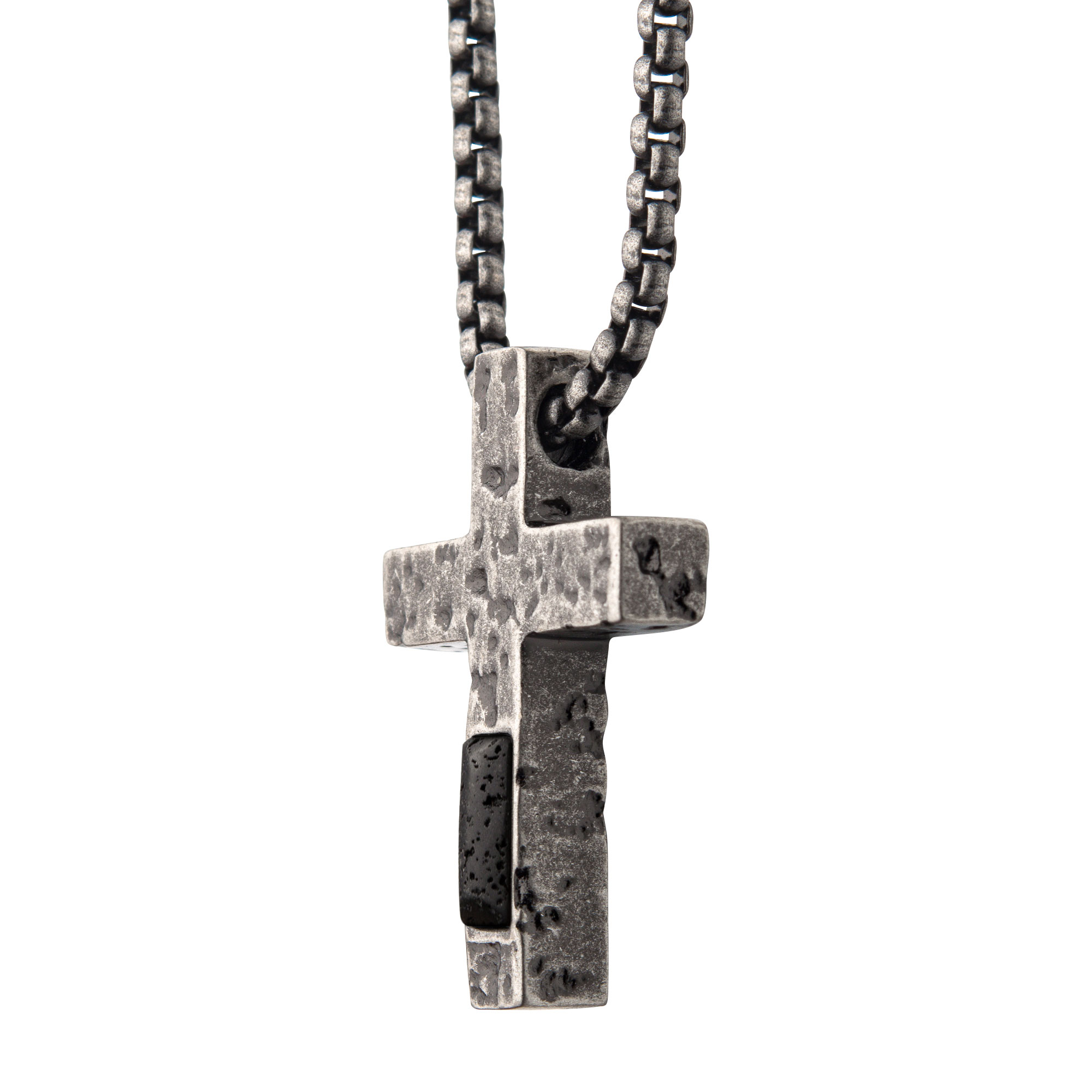 Stainless Steel Silver Plated Cross Pendant with Lava Stone Pendant, with Steel Box Chain Image 3 Milano Jewelers Pembroke Pines, FL