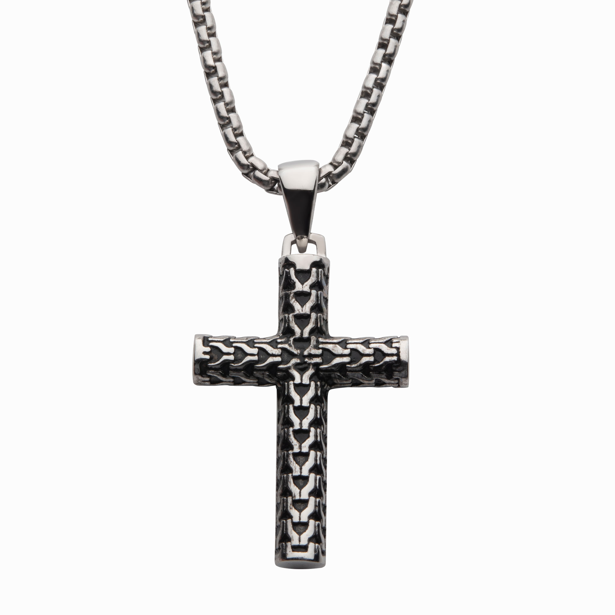 Steel Scale Cross Drop Pendant with Bold Box Chain Enchanted Jewelry Plainfield, CT