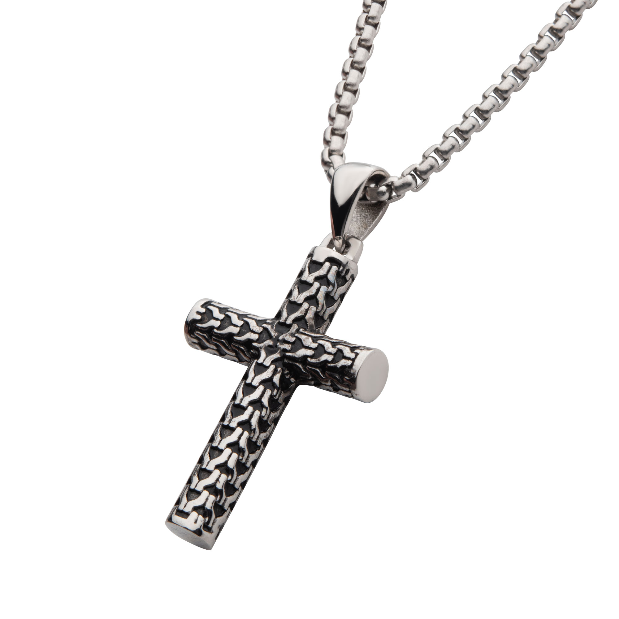 Steel Scale Cross Drop Pendant with Bold Box Chain Image 2 Mueller Jewelers Chisago City, MN