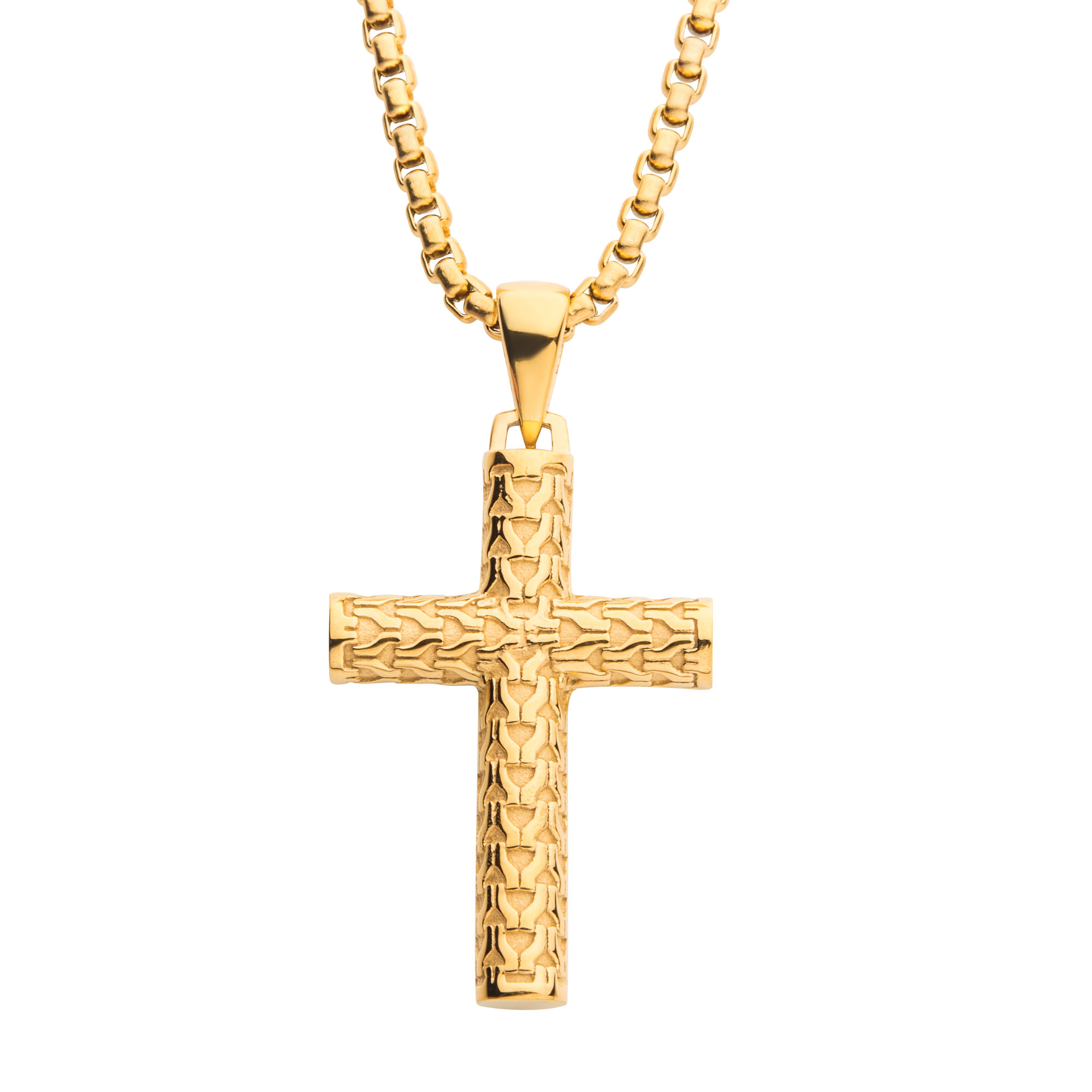 Polished 18K Gold IP Scale Cross Drop Pendant with Bold Box Chain Milano Jewelers Pembroke Pines, FL
