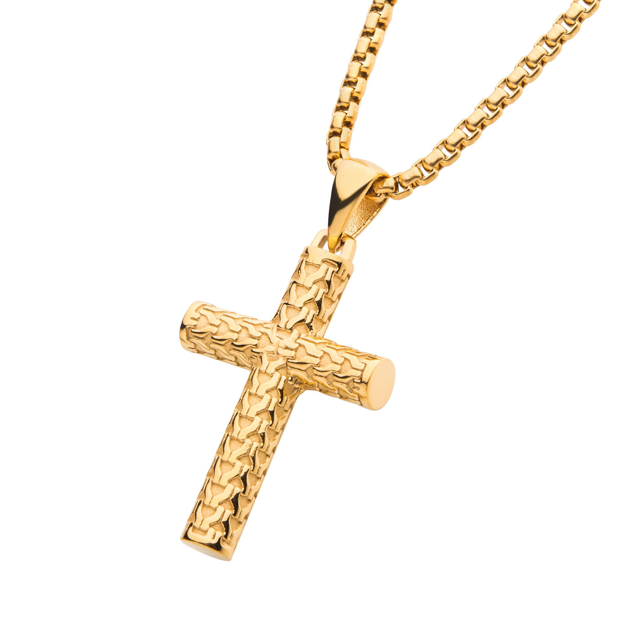 Polished 18K Gold IP Scale Cross Drop Pendant with Bold Box Chain Image 2 Enchanted Jewelry Plainfield, CT