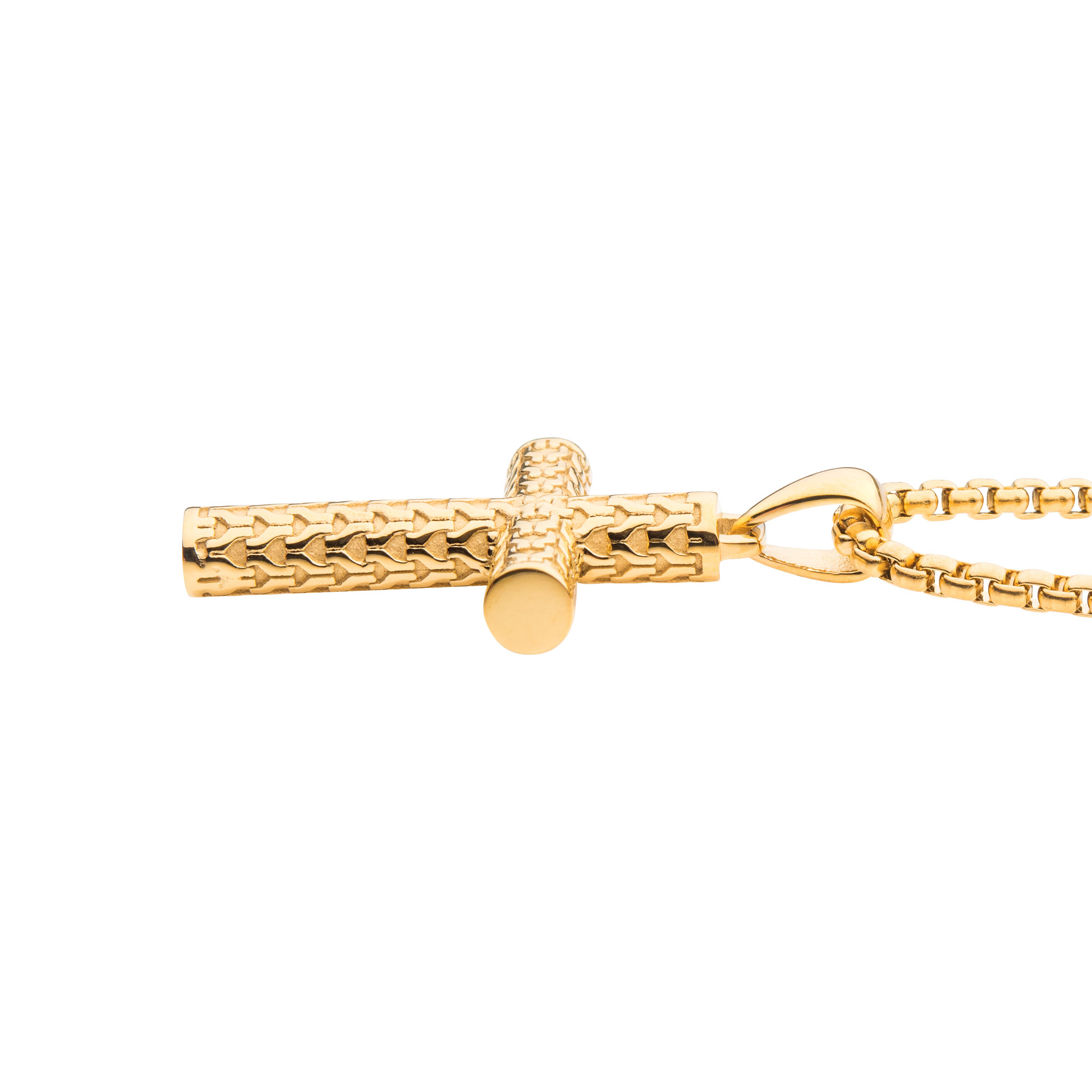 Polished 18K Gold IP Scale Cross Drop Pendant with Bold Box Chain Image 3 Lewis Jewelers, Inc. Ansonia, CT