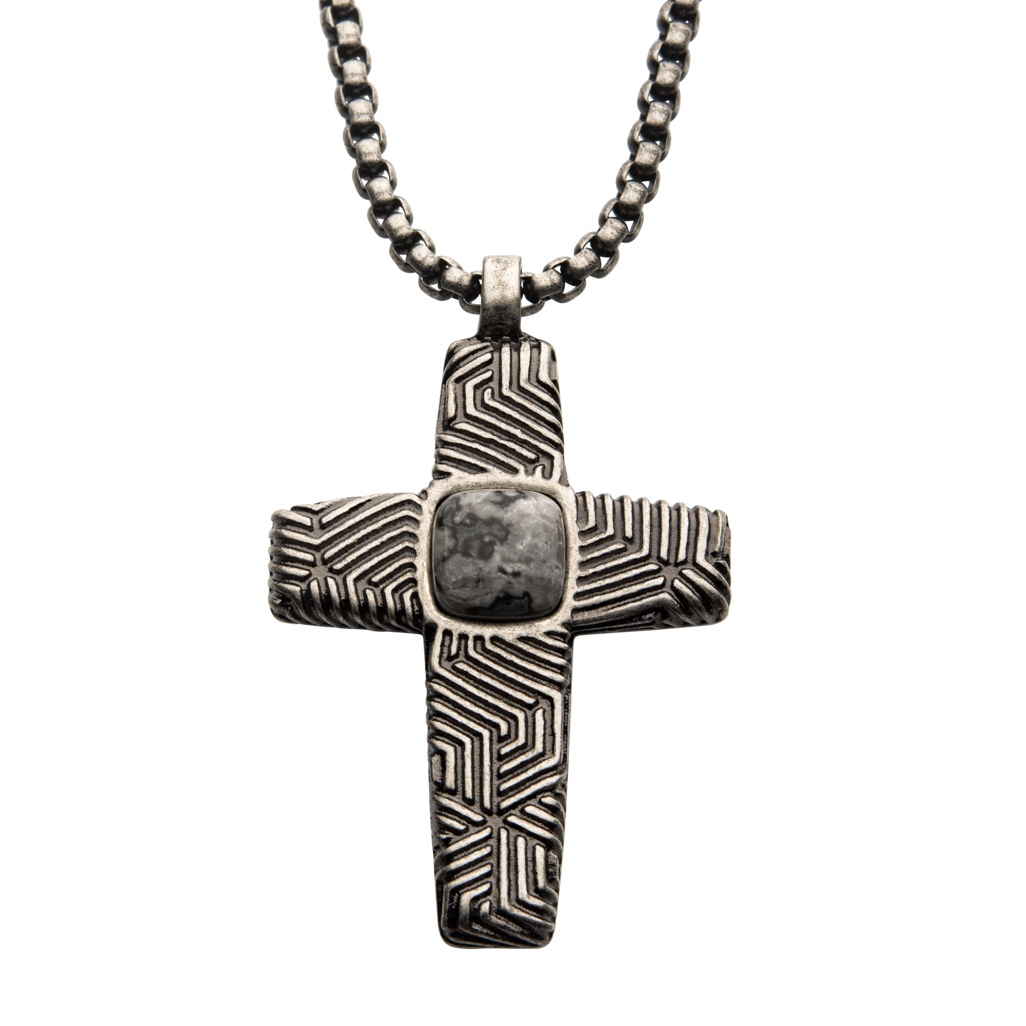 Stainless Steel Silver Plated Cross Pendant with Gray Jasper Stone, with Steel Box Chain P.K. Bennett Jewelers Mundelein, IL