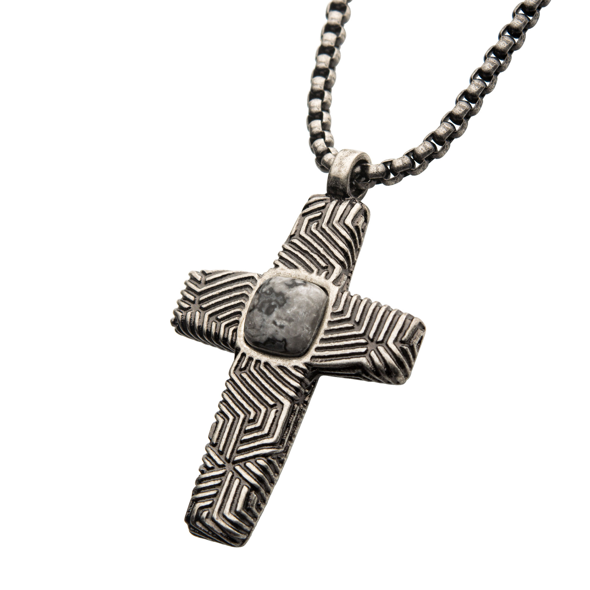 Stainless Steel Silver Plated Cross Pendant with Gray Jasper Stone, with Steel Box Chain Image 2 Enchanted Jewelry Plainfield, CT