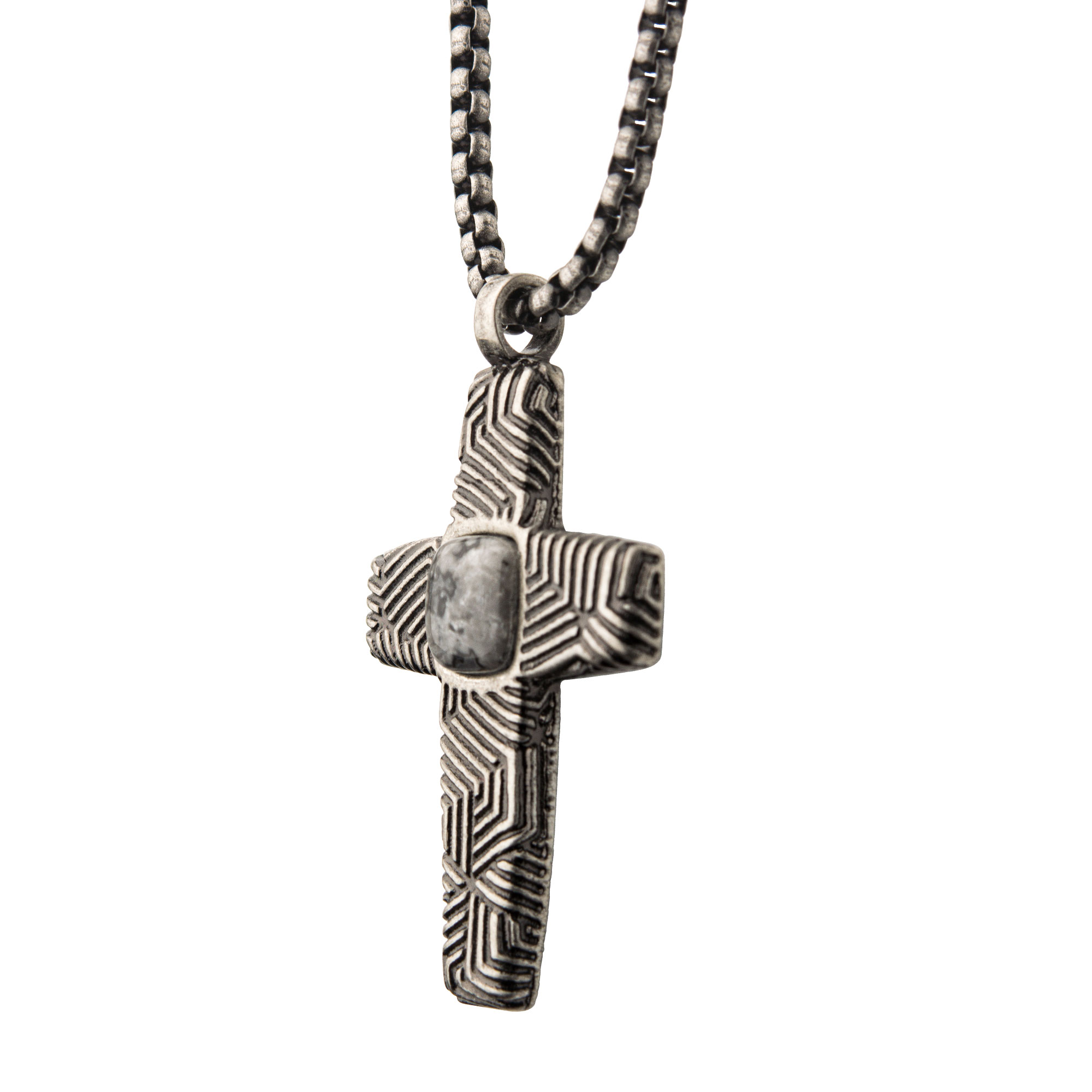 Stainless Steel Silver Plated Cross Pendant with Gray Jasper Stone, with Steel Box Chain Image 3 Enchanted Jewelry Plainfield, CT