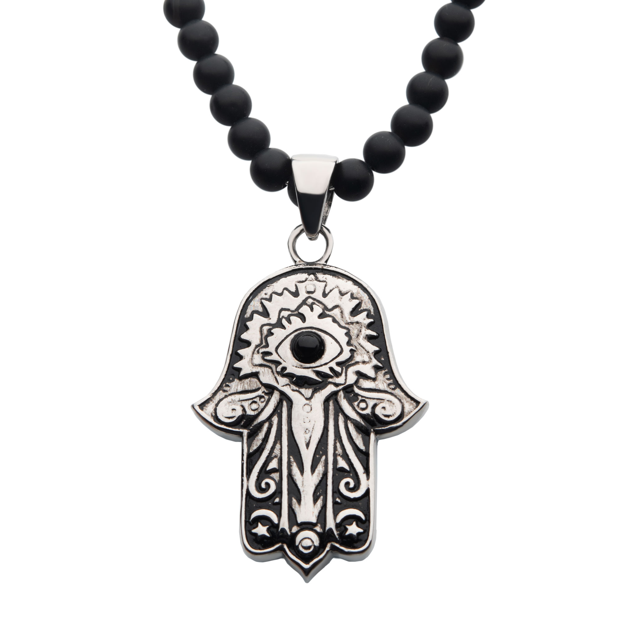 Stainless Steel with Centerpiece Black Agate Stone Hamsa Pendant, with Black Agate Stone Bead Necklace Milano Jewelers Pembroke Pines, FL