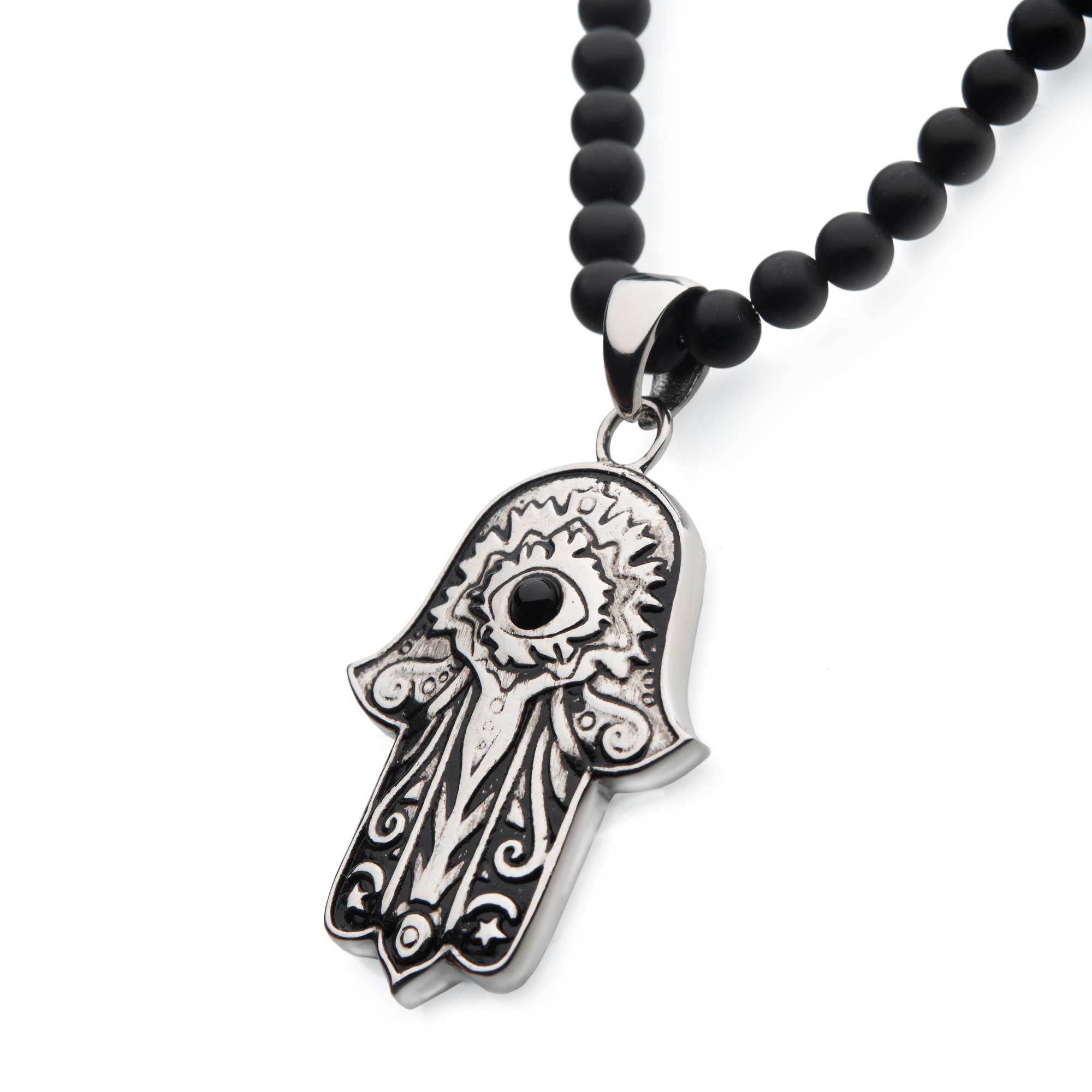 Stainless Steel with Centerpiece Black Agate Stone Hamsa Pendant, with Black Agate Stone Bead Necklace Image 2 Milano Jewelers Pembroke Pines, FL