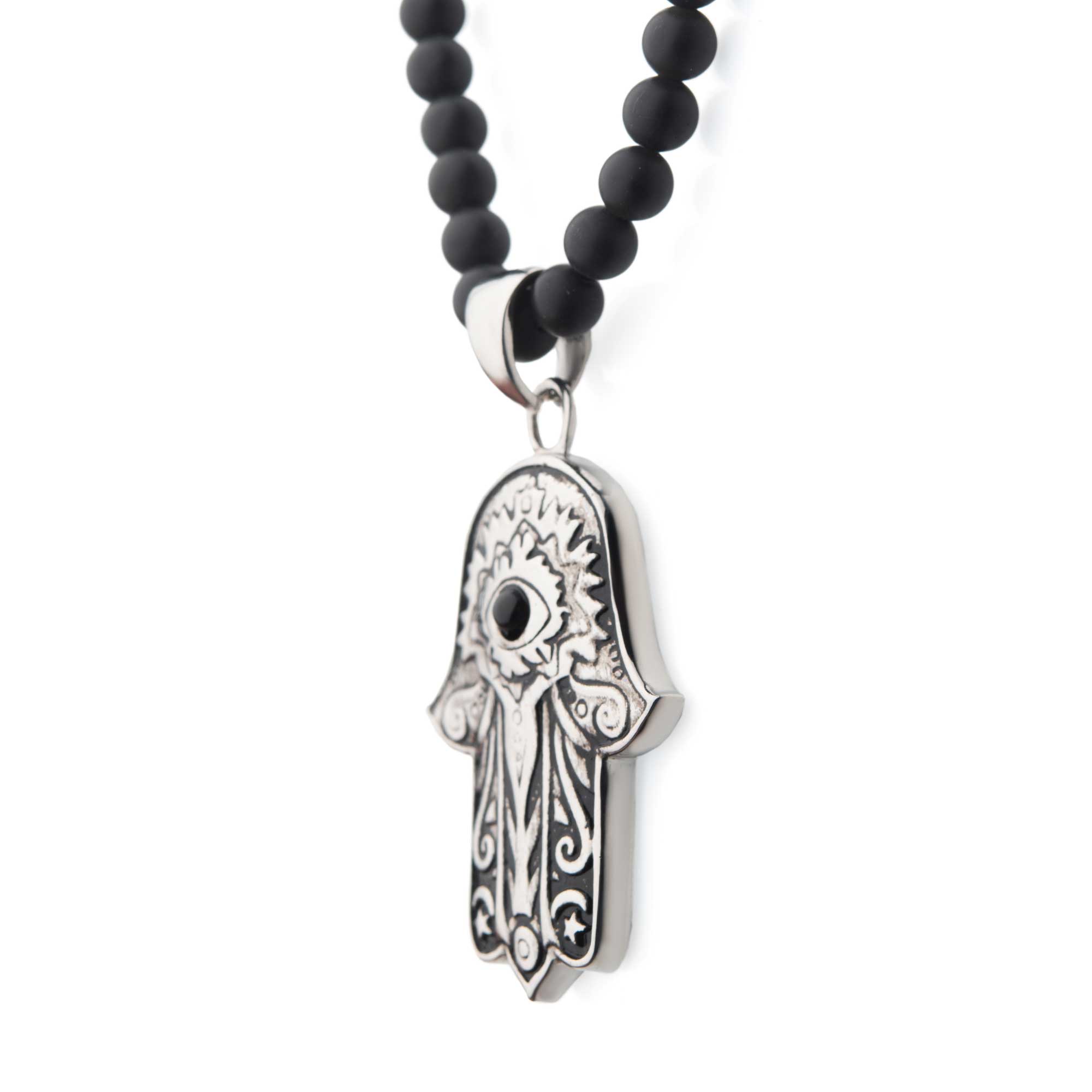 Stainless Steel with Centerpiece Black Agate Stone Hamsa Pendant, with Black Agate Stone Bead Necklace Image 3 Midtown Diamonds Reno, NV
