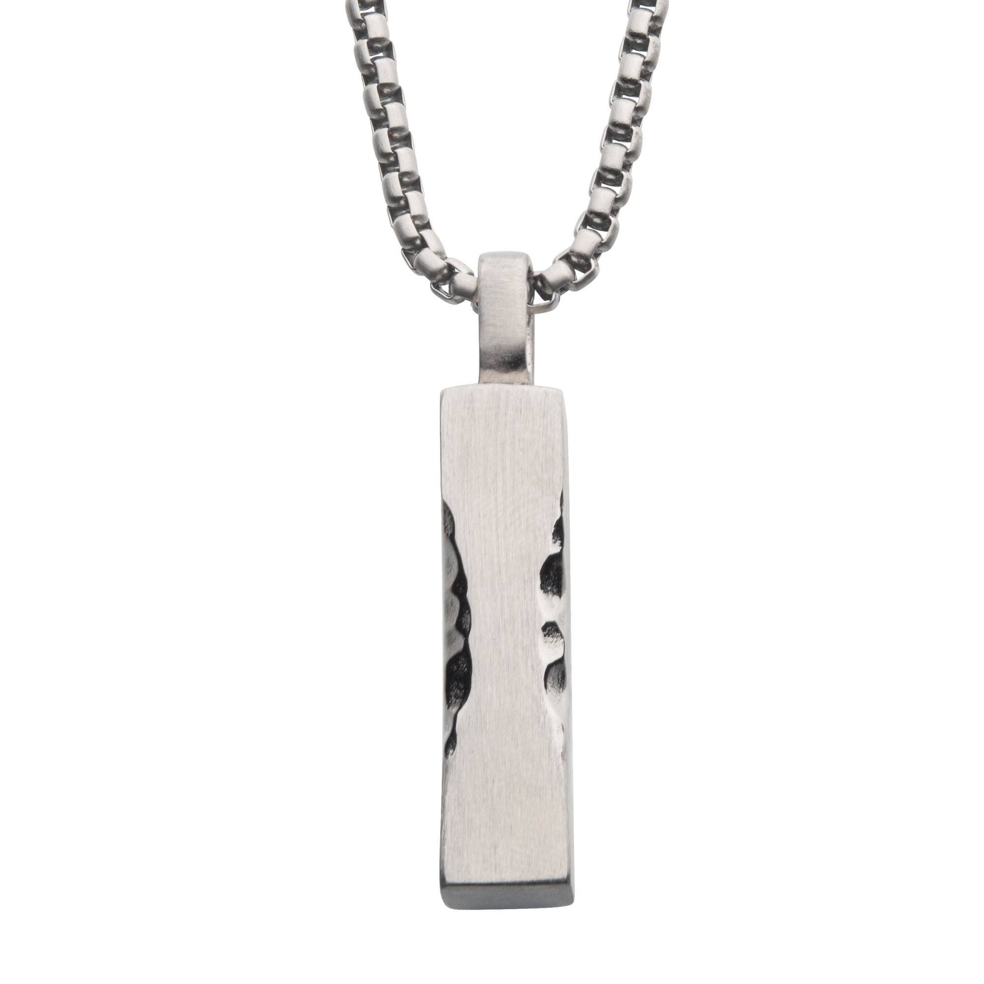 Matte Steel Chiseled Engravable Drop Pendant with Box Chain Milano Jewelers Pembroke Pines, FL