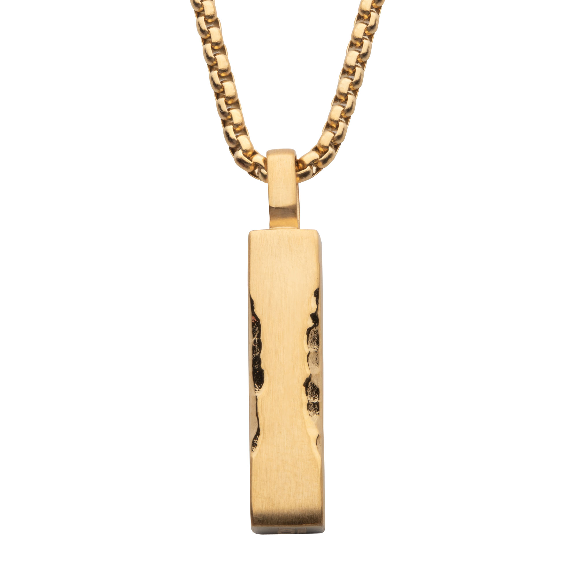 Matte 18K Gold IP Chiseled Engravable Drop Pendant with Box Chain Lewis Jewelers, Inc. Ansonia, CT
