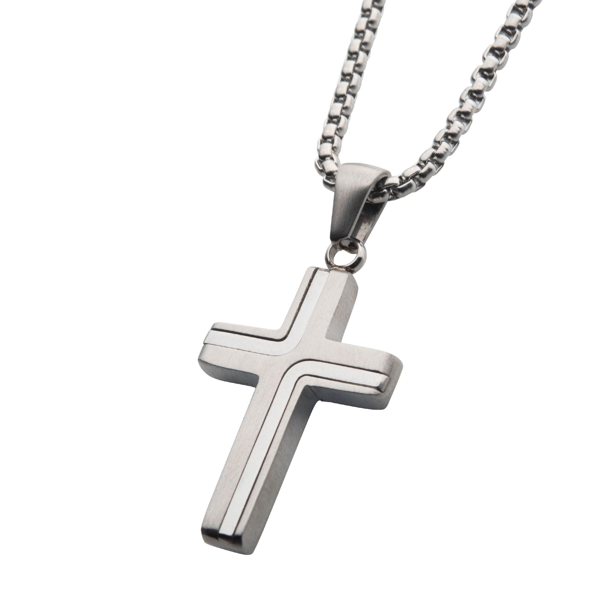 Steel Cross Drop Pendant with Round Box Chain Image 2 Thurber's Fine Jewelry Wadsworth, OH