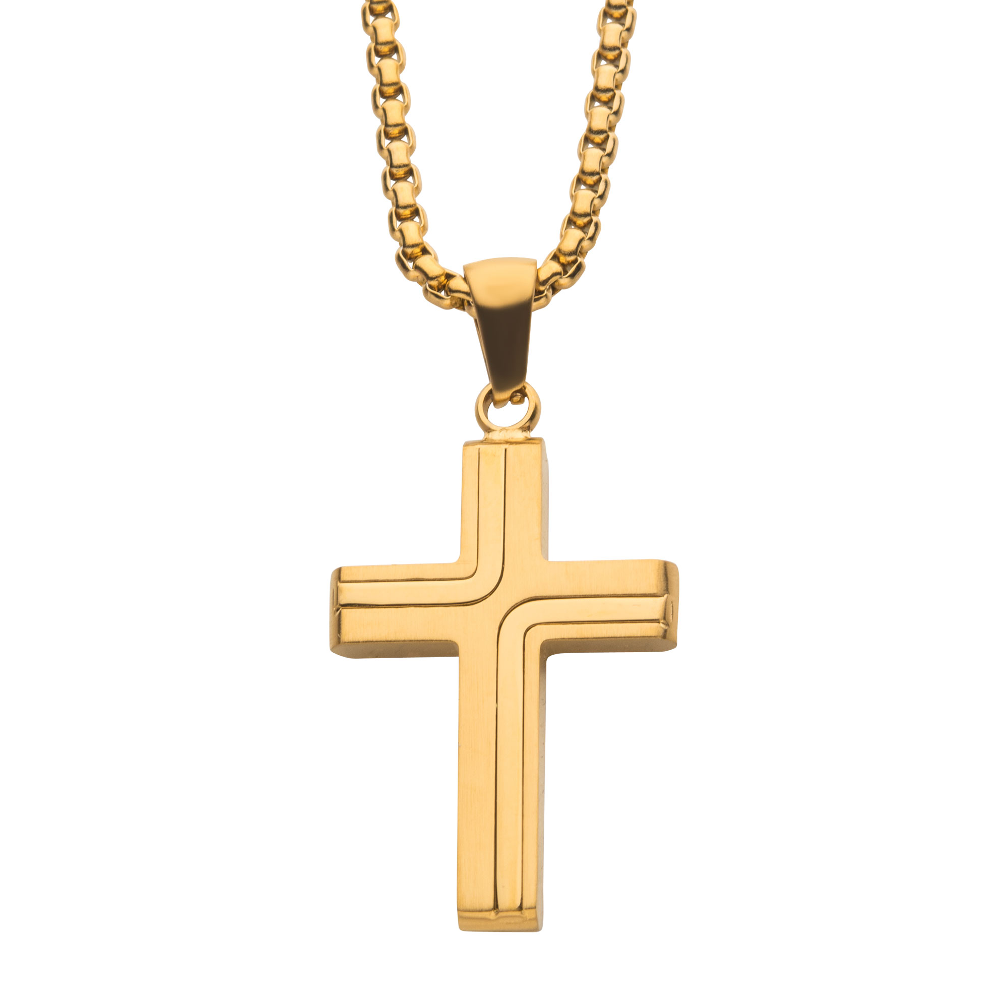 18K Gold IP Cross Drop Pendant with Round Box Chain Ken Walker Jewelers Gig Harbor, WA