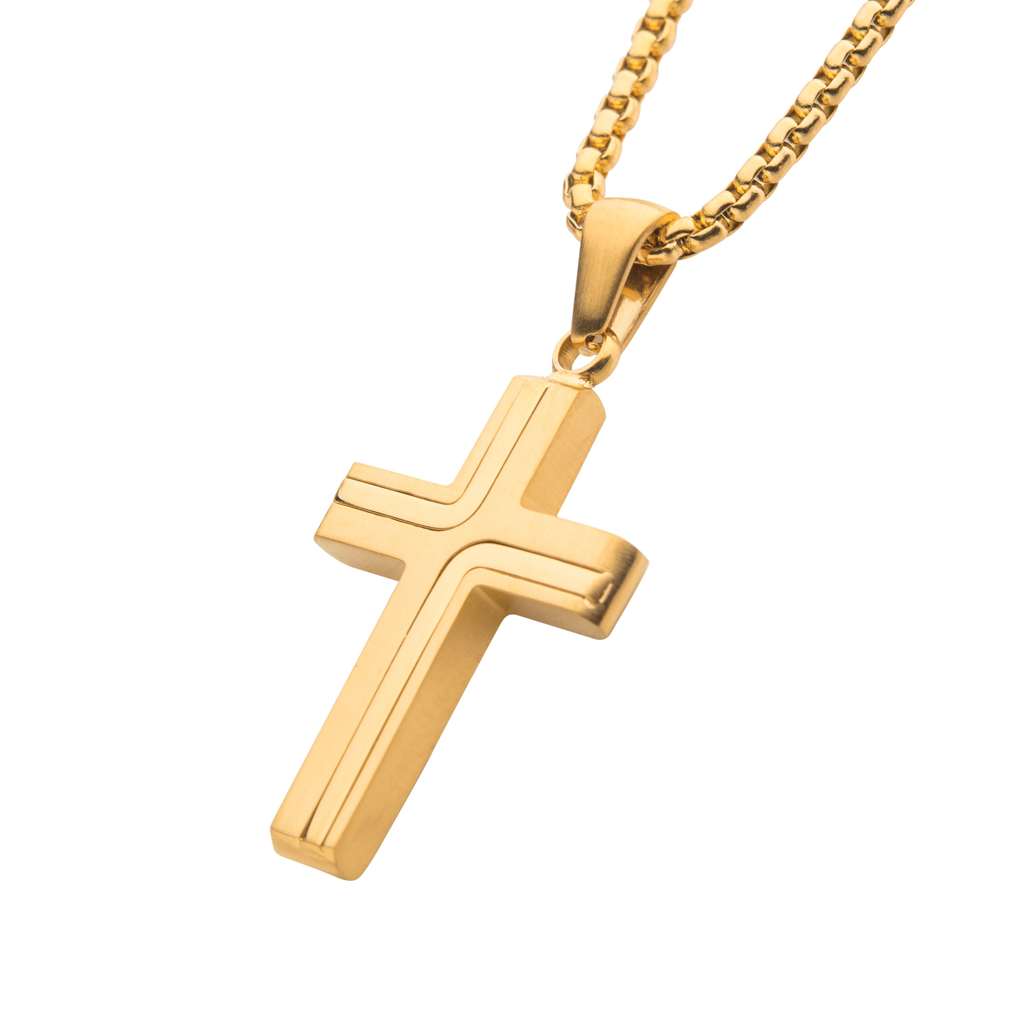 18K Gold IP Cross Drop Pendant with Round Box Chain Image 2 Milano Jewelers Pembroke Pines, FL