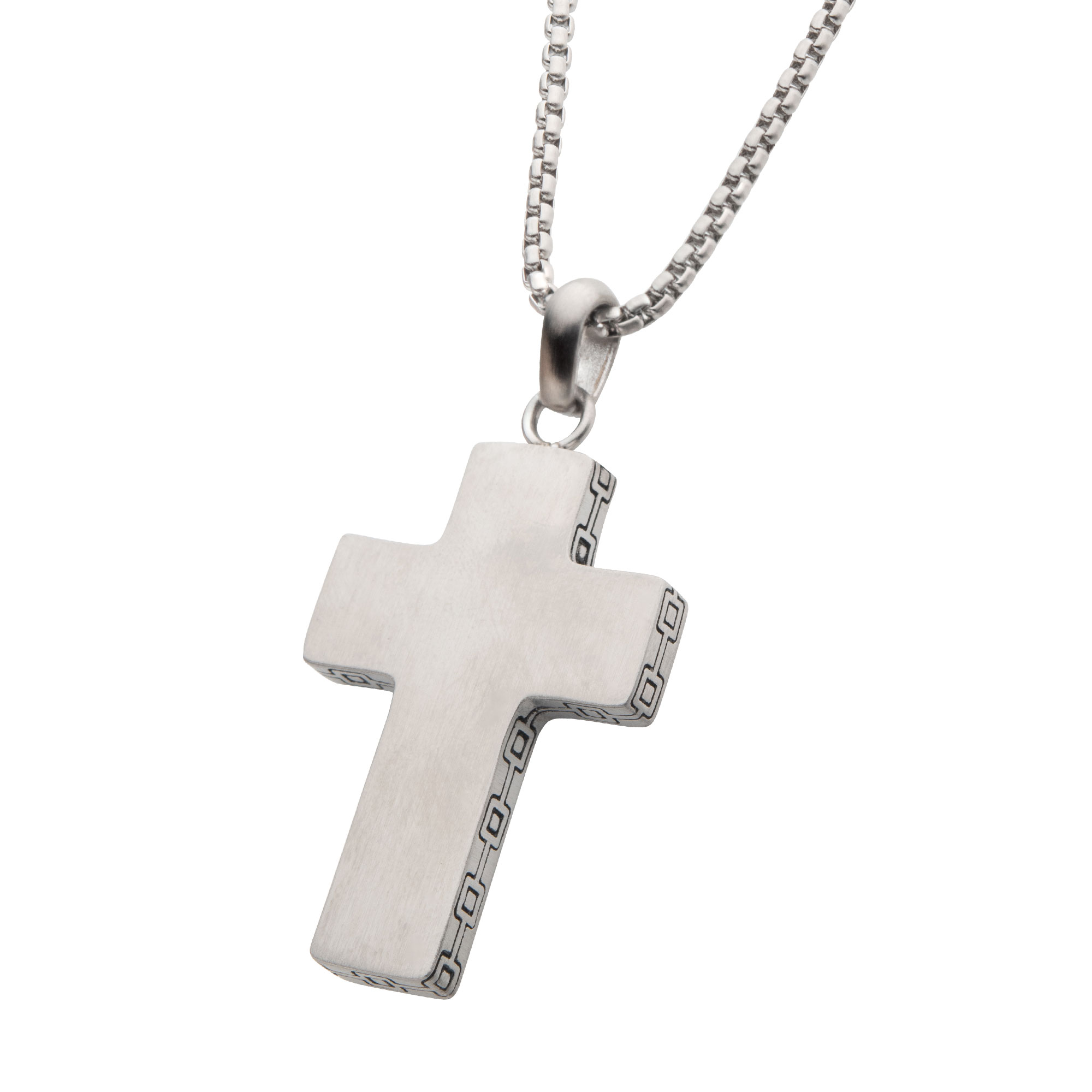 Steel Engravable Cross Pendant with Round Box Chain Image 2 Enchanted Jewelry Plainfield, CT