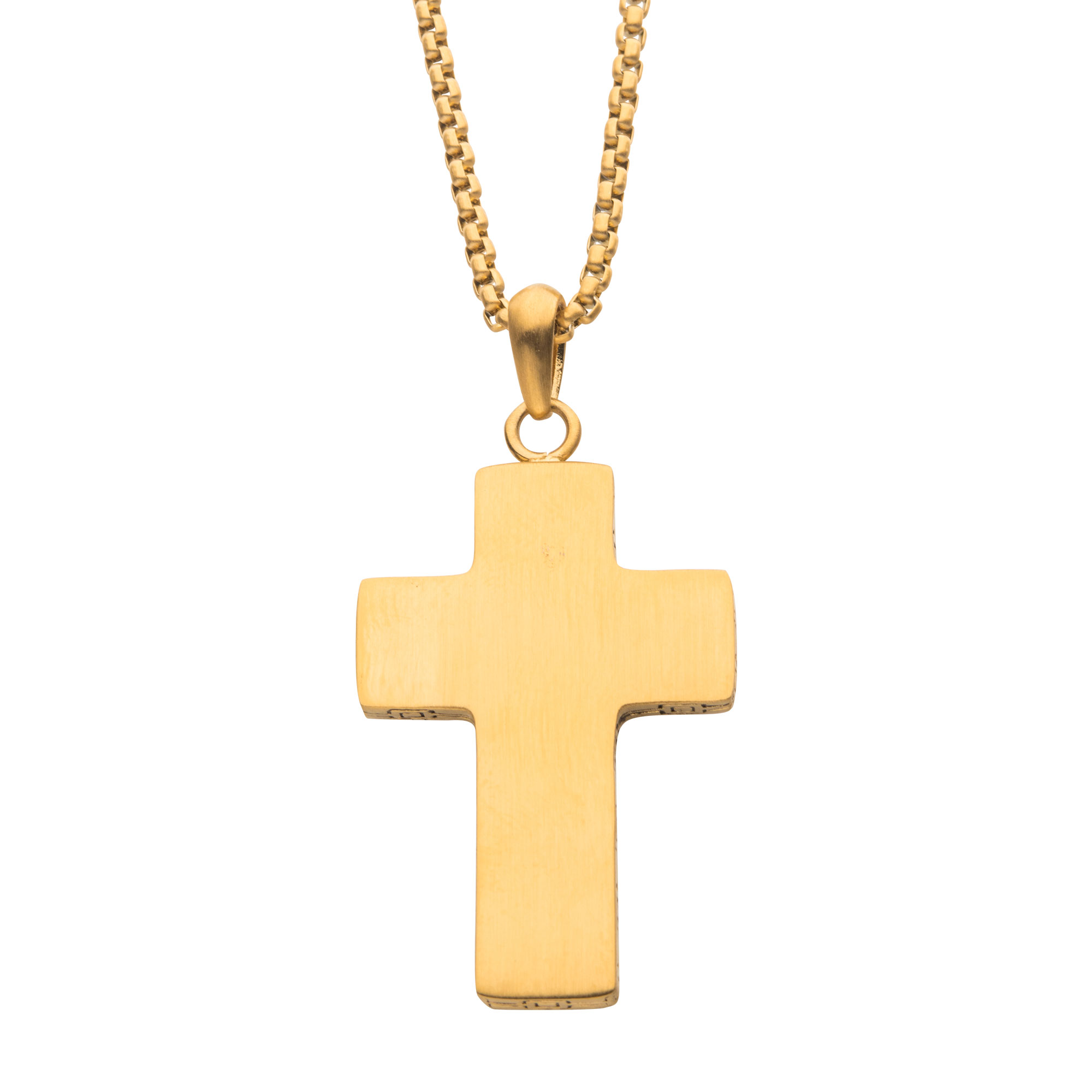 18K Gold IP Engravable Cross Pendant with Round Box Chain Ken Walker Jewelers Gig Harbor, WA