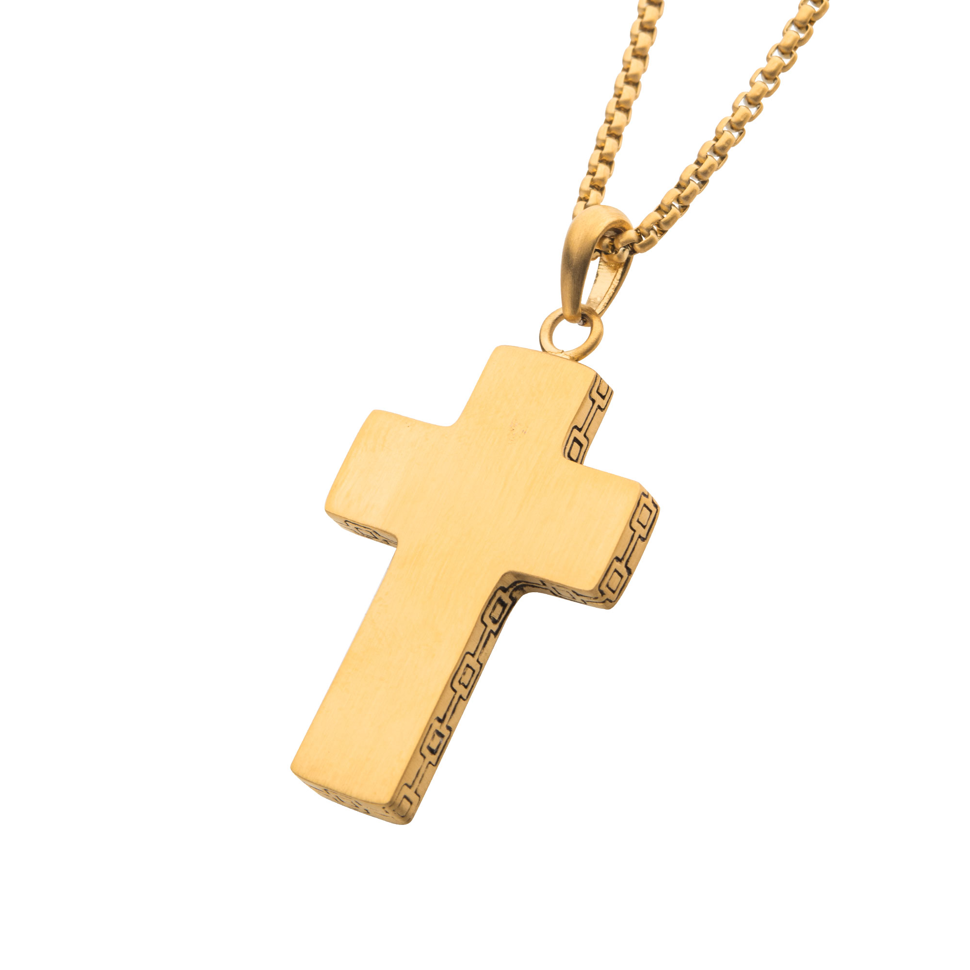 18K Gold IP Engravable Cross Pendant with Round Box Chain Image 2 Milano Jewelers Pembroke Pines, FL