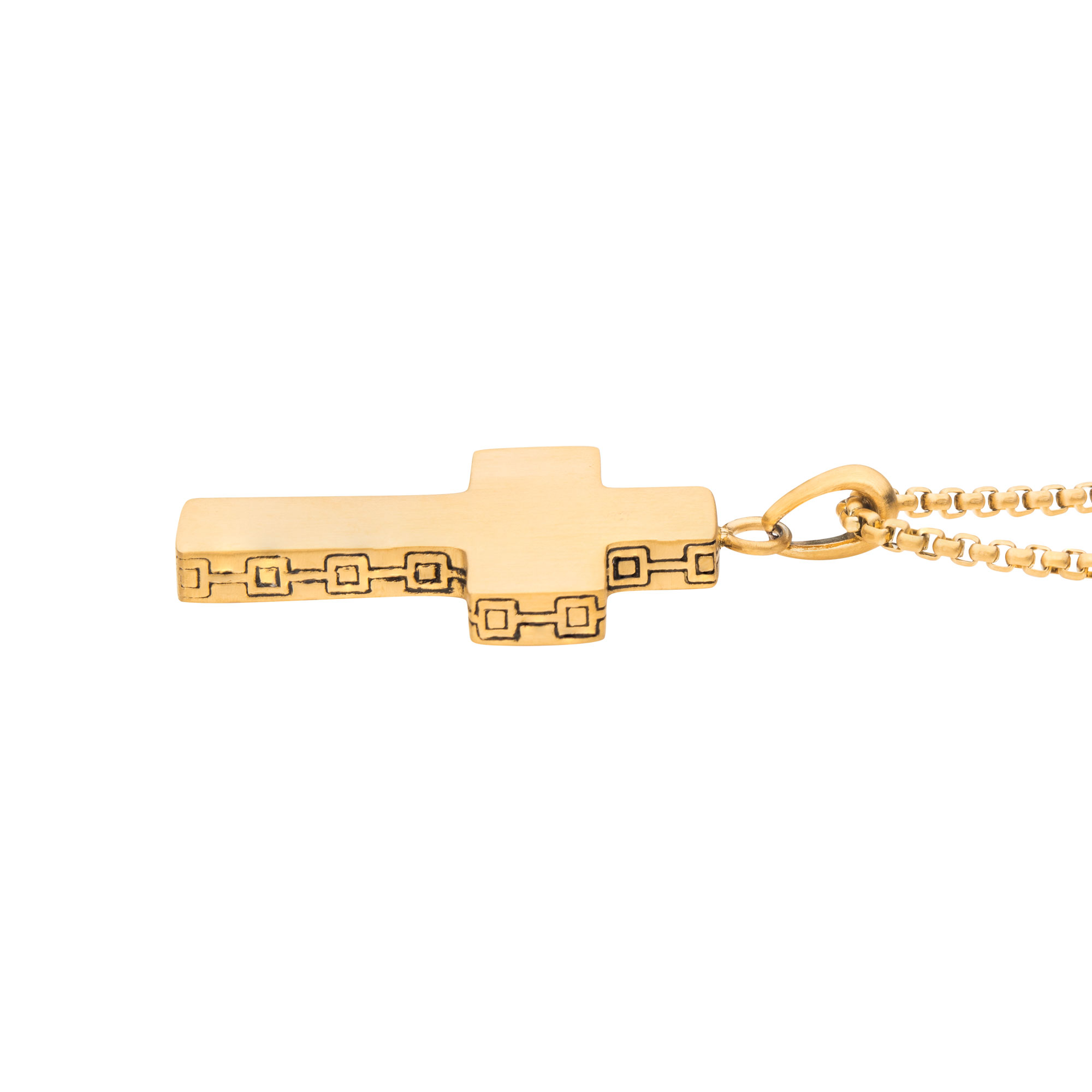 18K Gold IP Engravable Cross Pendant with Round Box Chain Image 3 Midtown Diamonds Reno, NV