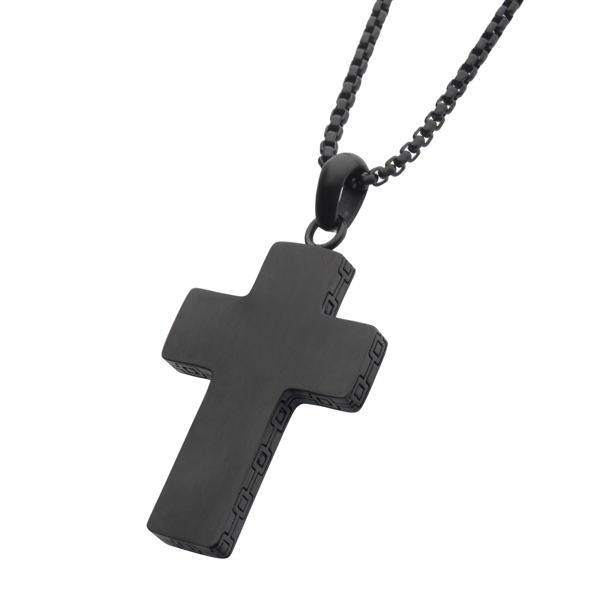 Black IP Engravable Cross Pendant with Round Box Chain Image 2 Enchanted Jewelry Plainfield, CT