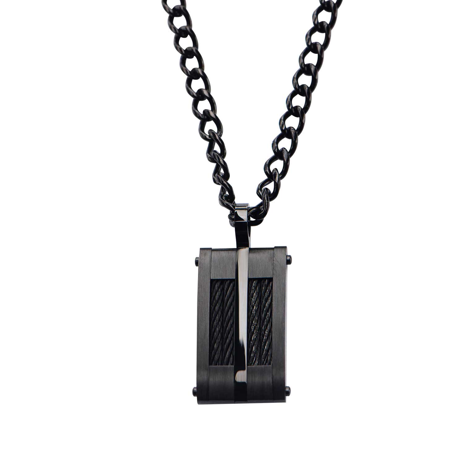 Black Plated & Cable Inlayed Dog Tag Pendant with  Chain Milano Jewelers Pembroke Pines, FL