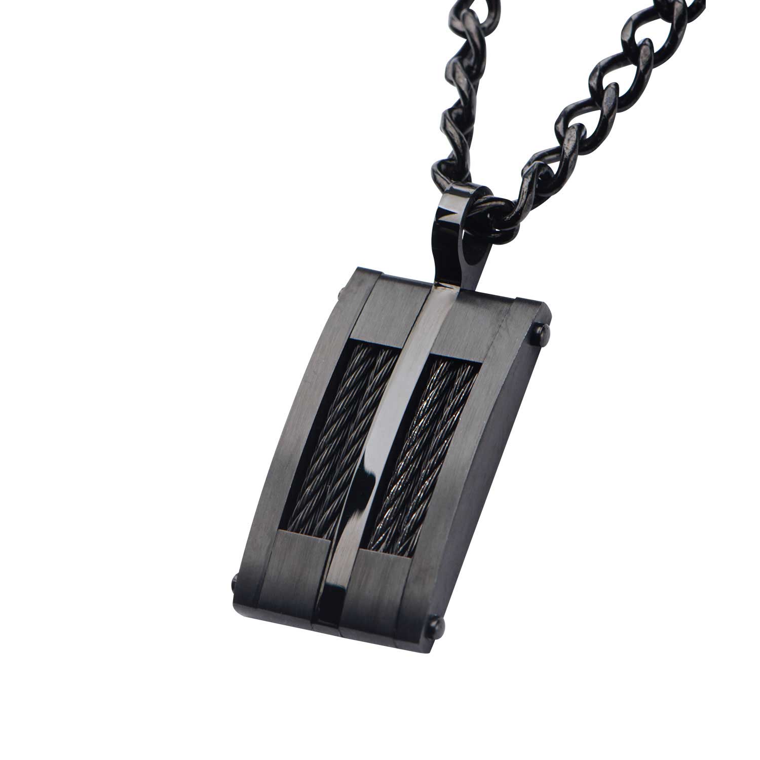 Black Plated & Cable Inlayed Dog Tag Pendant with  Chain Image 2 Milano Jewelers Pembroke Pines, FL