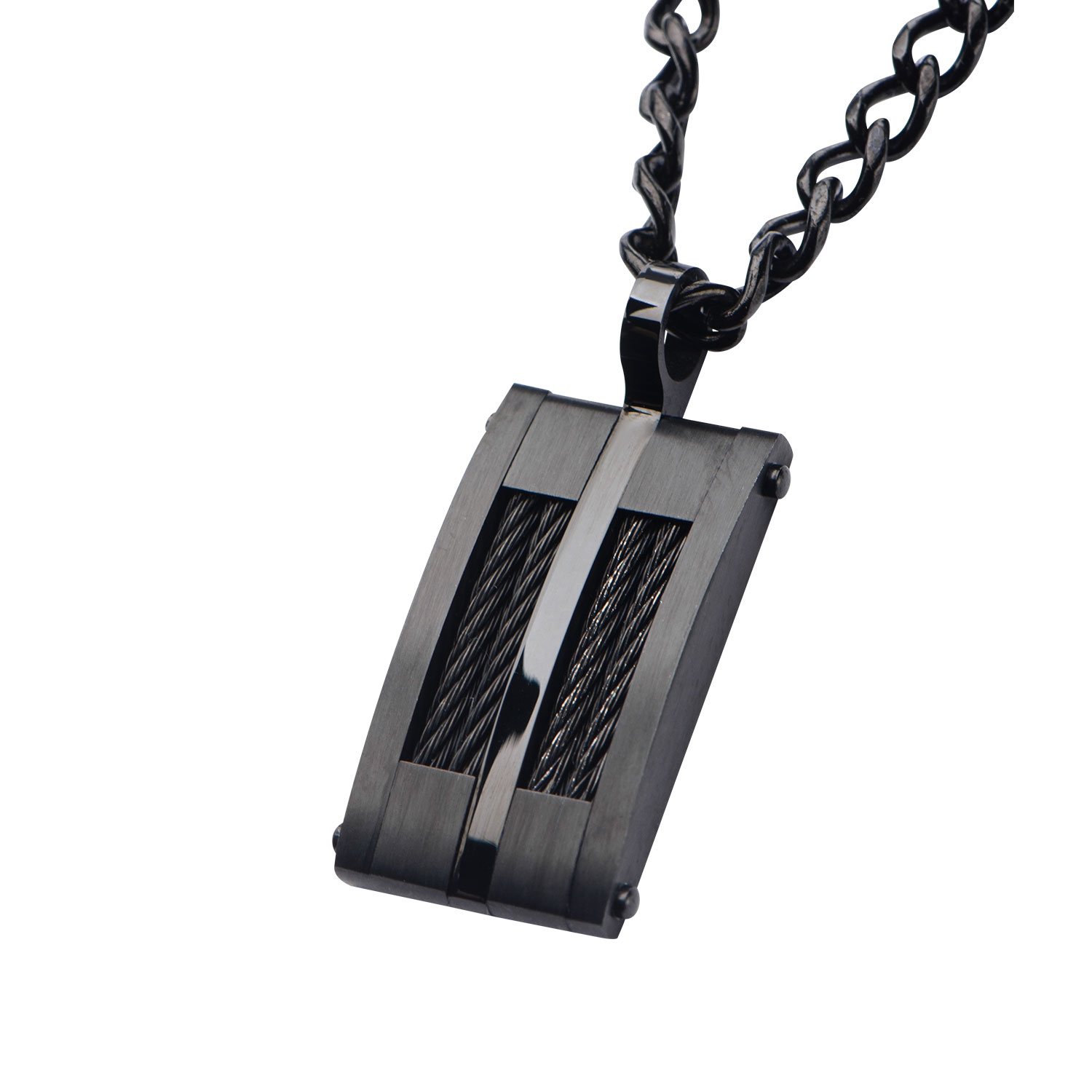 Black Plated & Cable Inlayed Dog Tag Pendant with  Chain Image 4 P.K. Bennett Jewelers Mundelein, IL
