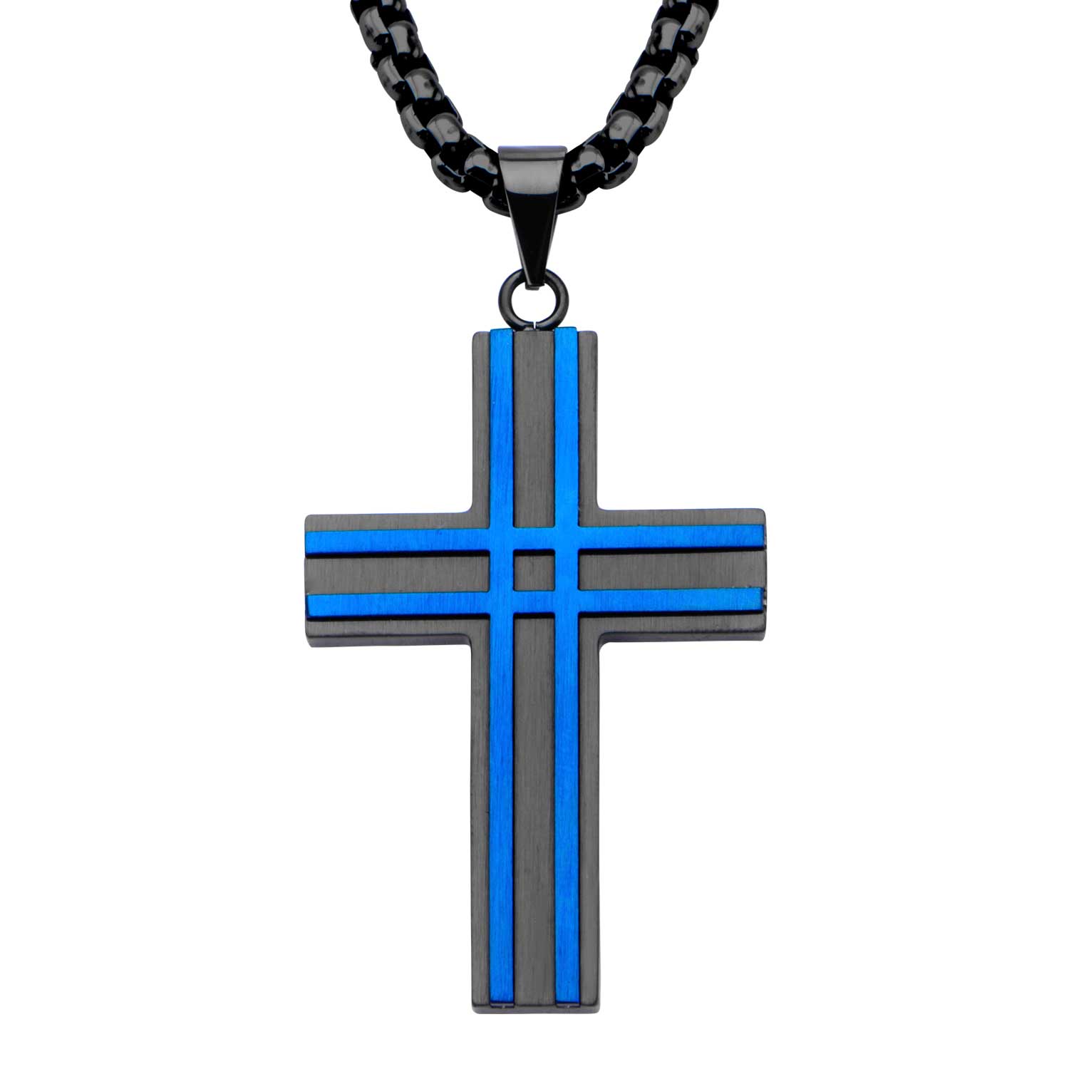 Matte Black & Blue Plated Layer Cross Pendant with Chain Mitchell's Jewelry Norman, OK