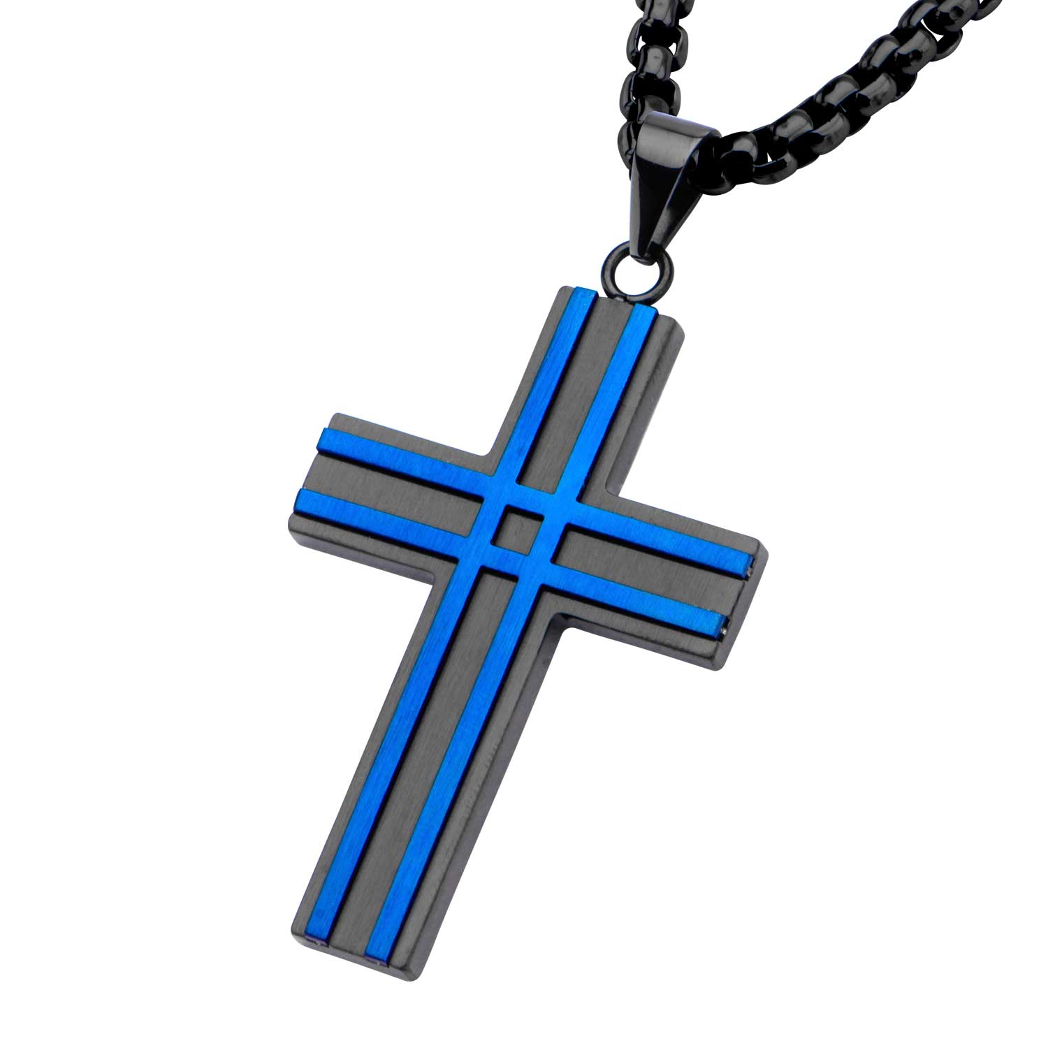 Matte Black & Blue Plated Layer Cross Pendant with Chain Image 2 Midtown Diamonds Reno, NV
