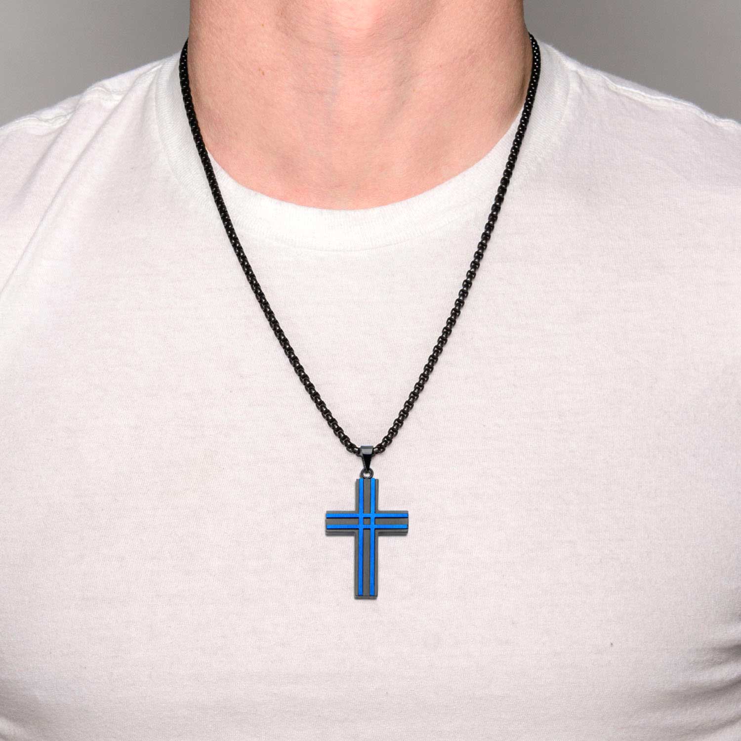 Matte Black & Blue Plated Layer Cross Pendant with Chain Image 4 Carroll / Ochs Jewelers Monroe, MI