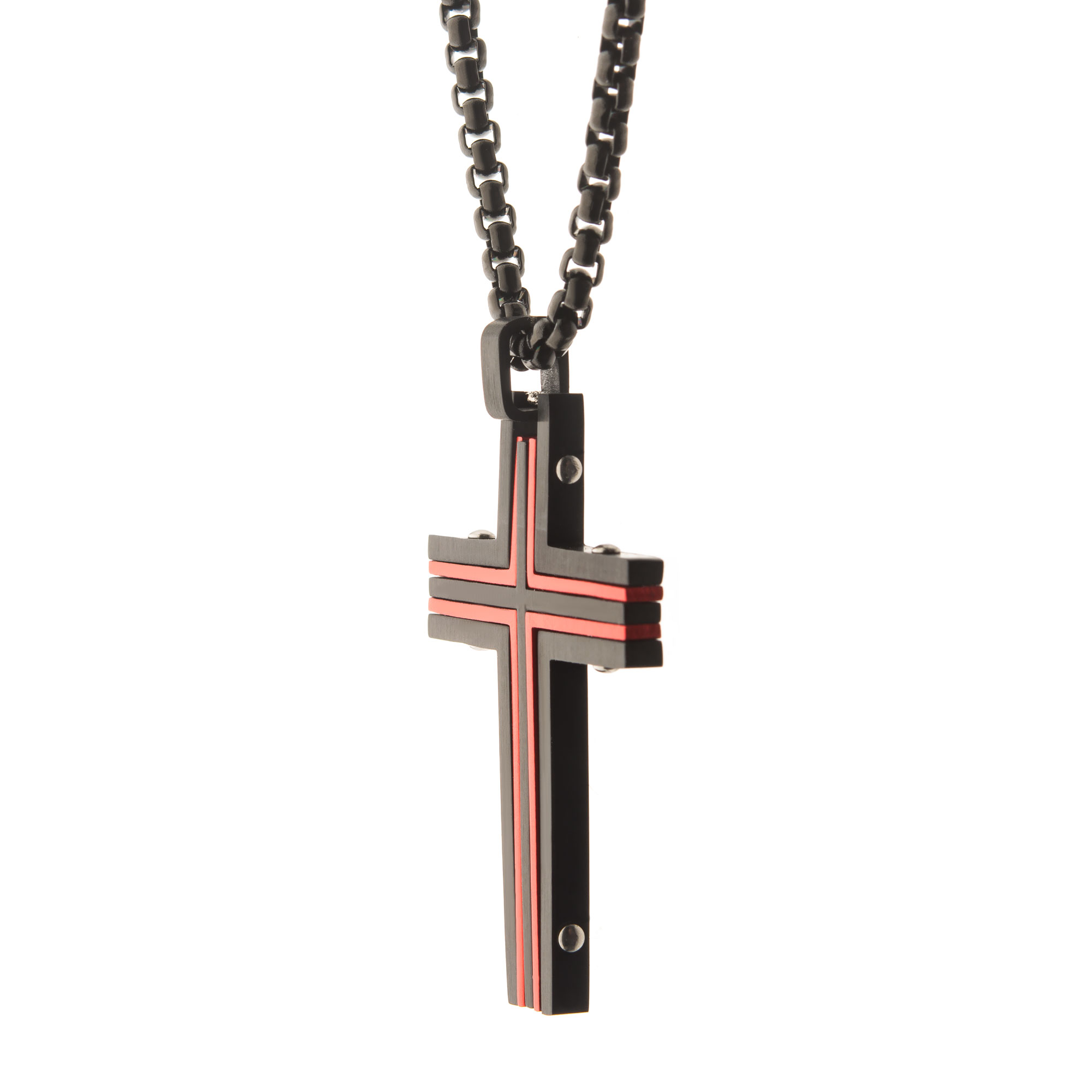 Black & Red Plated Dante Cross Pendant with Chain Image 3 Ken Walker Jewelers Gig Harbor, WA