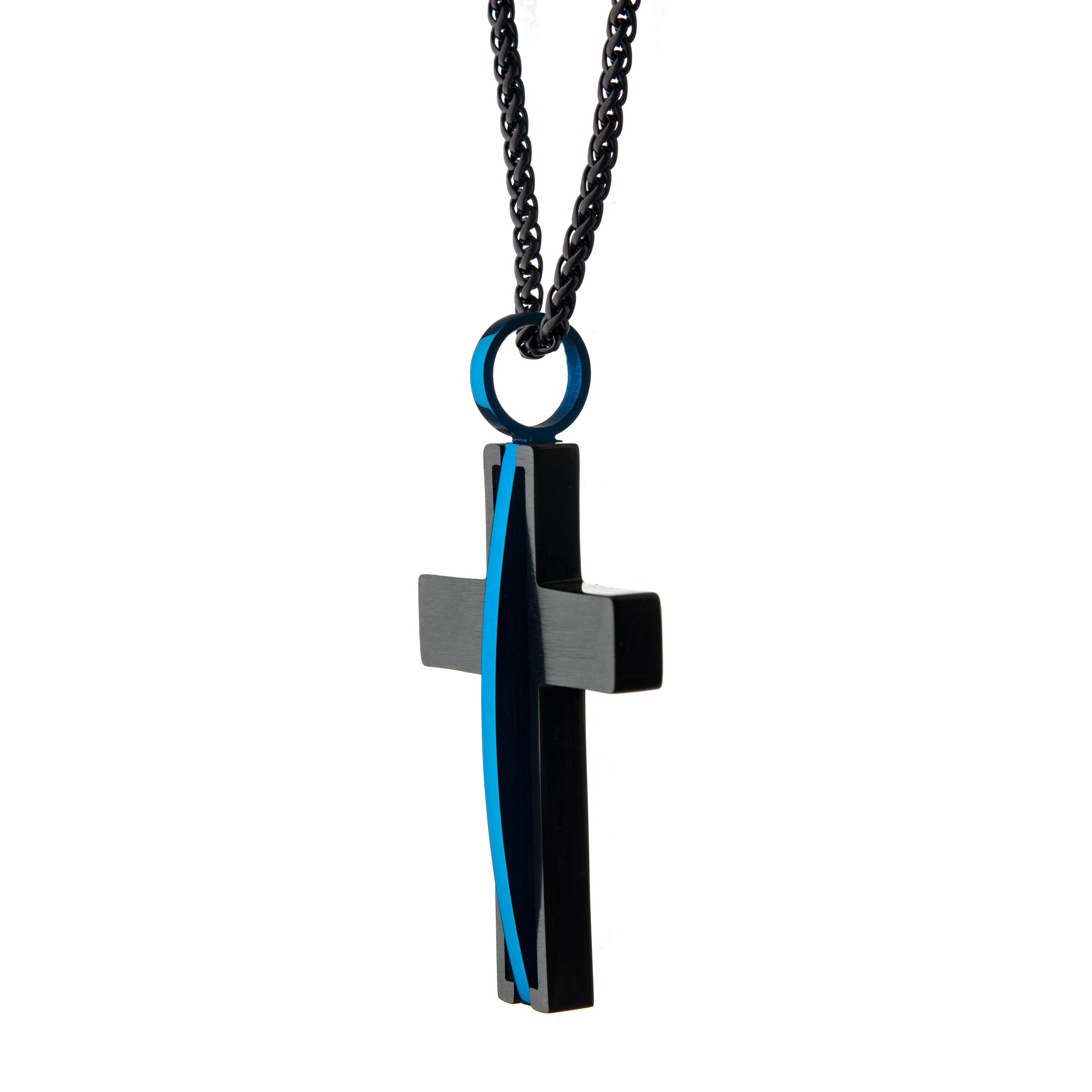 Matte Black Plated with Thin Blue Line Pendant with Chain Image 3 Milano Jewelers Pembroke Pines, FL