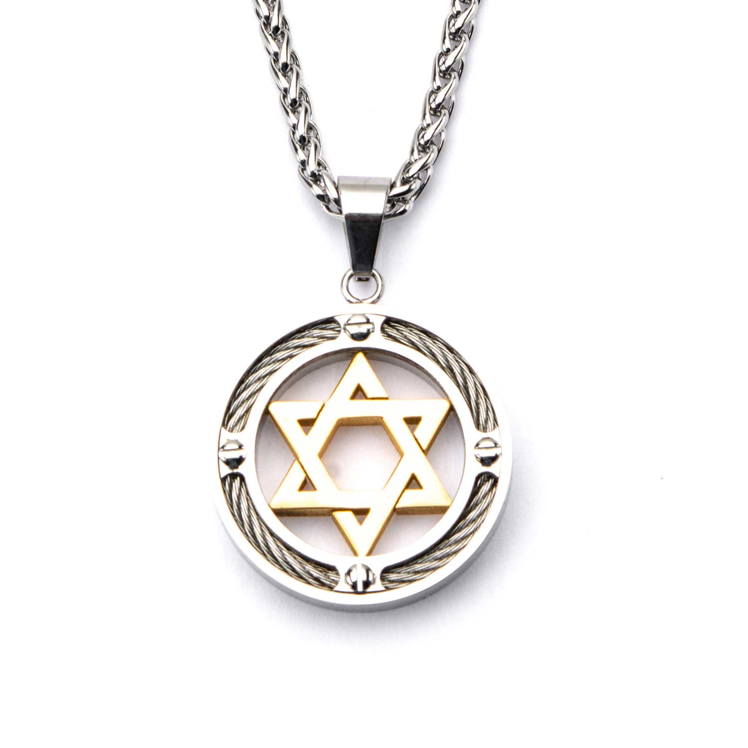Steel Gold Plated Star of David with Cable Inlayed in Circle Pendant Ken Walker Jewelers Gig Harbor, WA