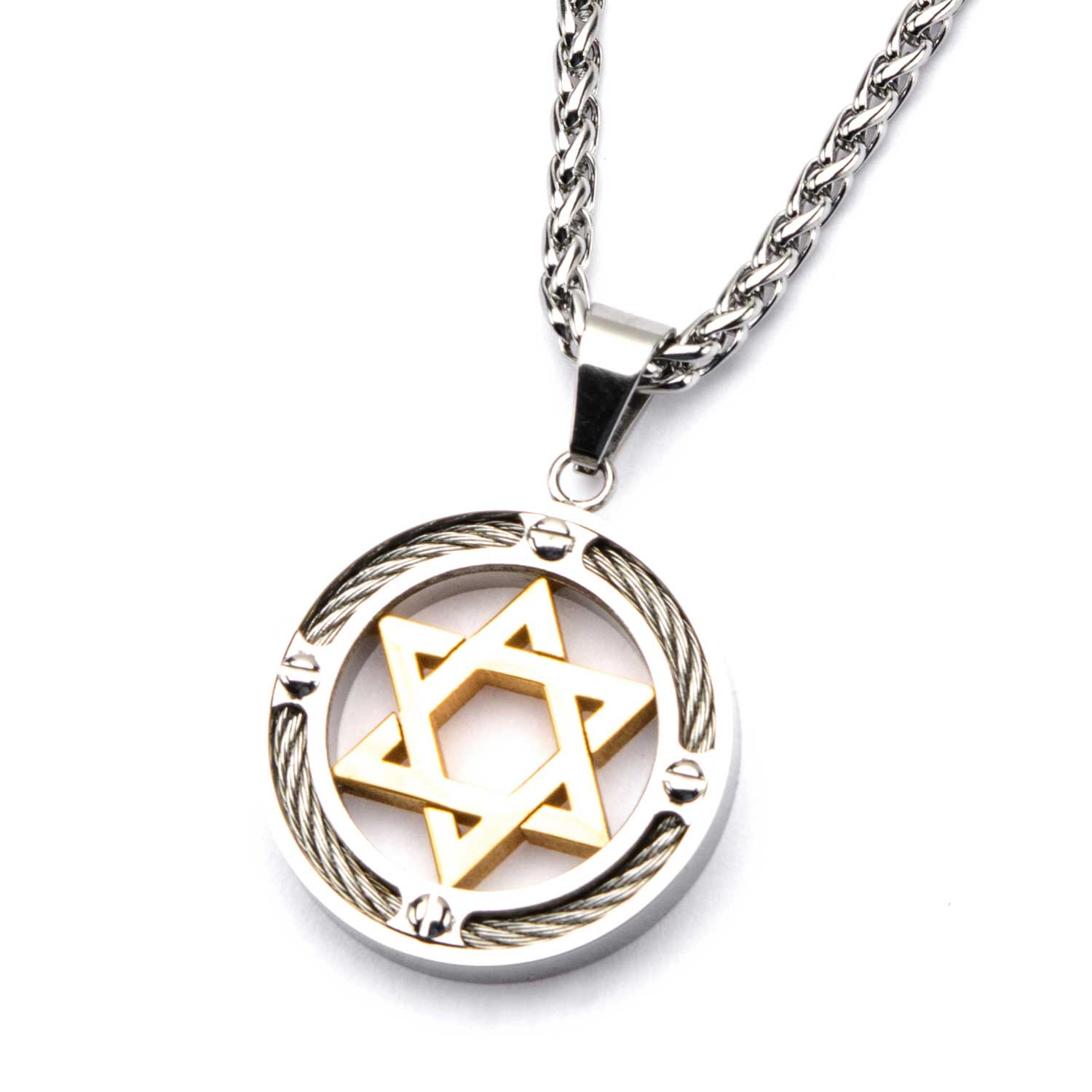 Steel Gold Plated Star of David with Cable Inlayed in Circle Pendant Image 2 Ken Walker Jewelers Gig Harbor, WA