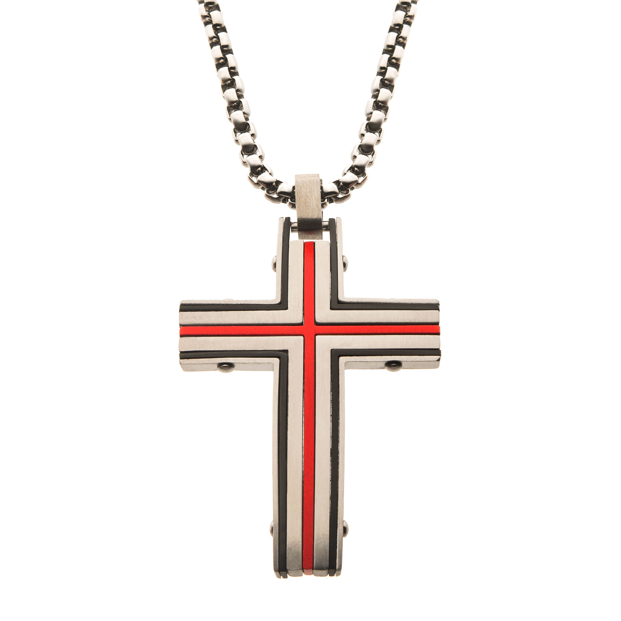 Steel & Red Plated Dante Cross Pendant with Chain Ken Walker Jewelers Gig Harbor, WA