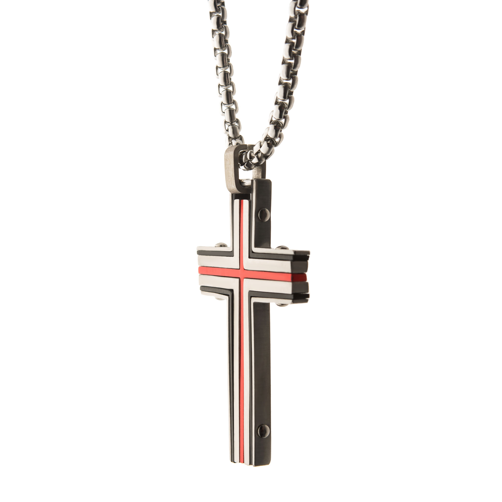 Steel & Red Plated Dante Cross Pendant with Chain Image 3 K. Martin Jeweler Dodge City, KS
